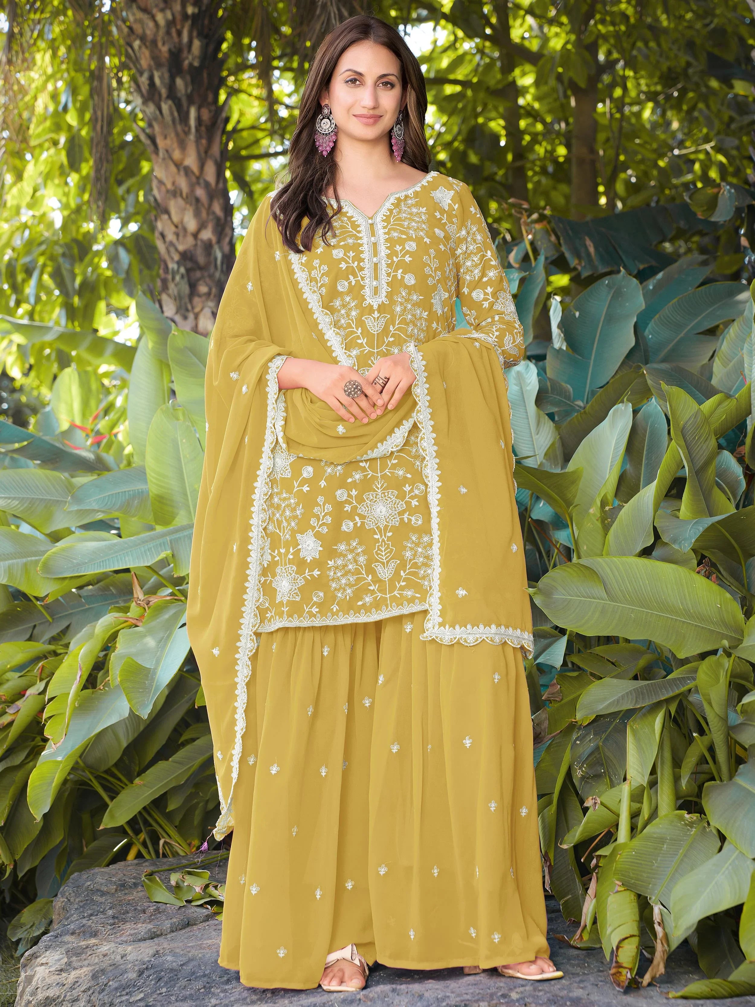 Impressive Yellow Embroidered Georgette Festive Wear Palazzo Suit