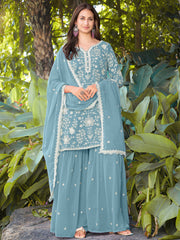 Stylish Sky Blue Embroidered Georgette Wedding Wear Palazzo Suit