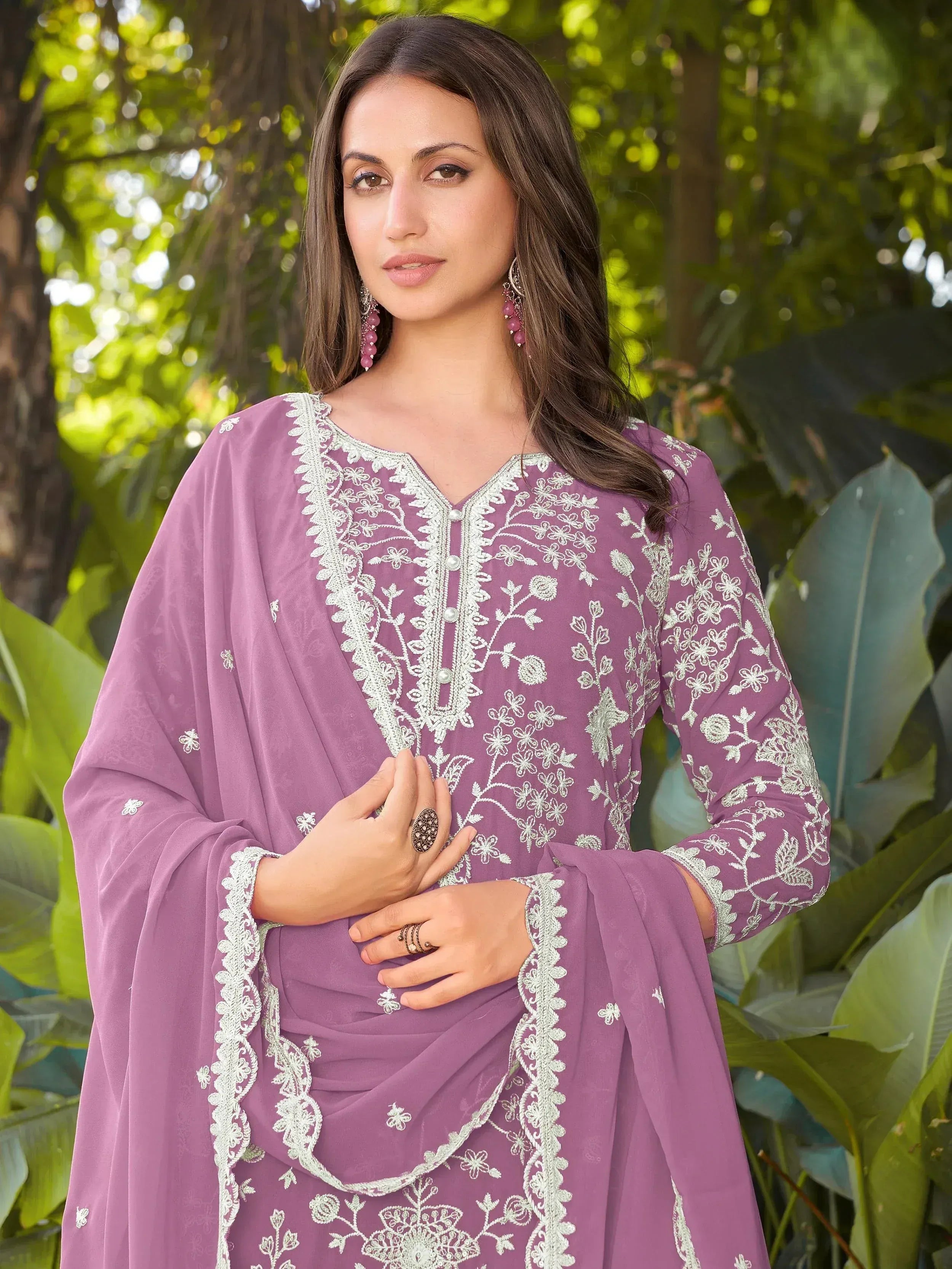 Lovely Pink Embroidered Georgette Festival Wear Palazzo Suit
