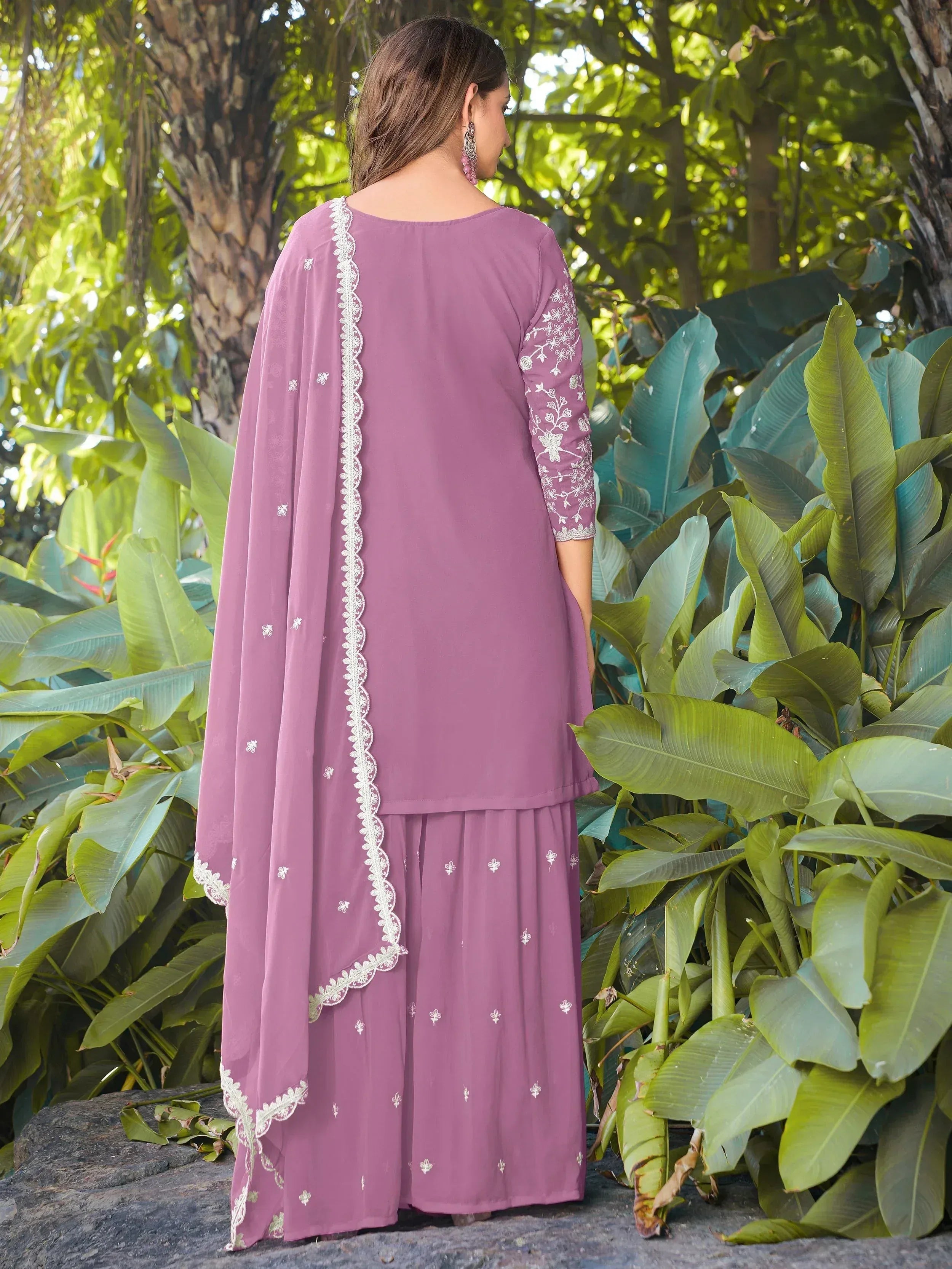 Lovely Pink Embroidered Georgette Festival Wear Palazzo Suit