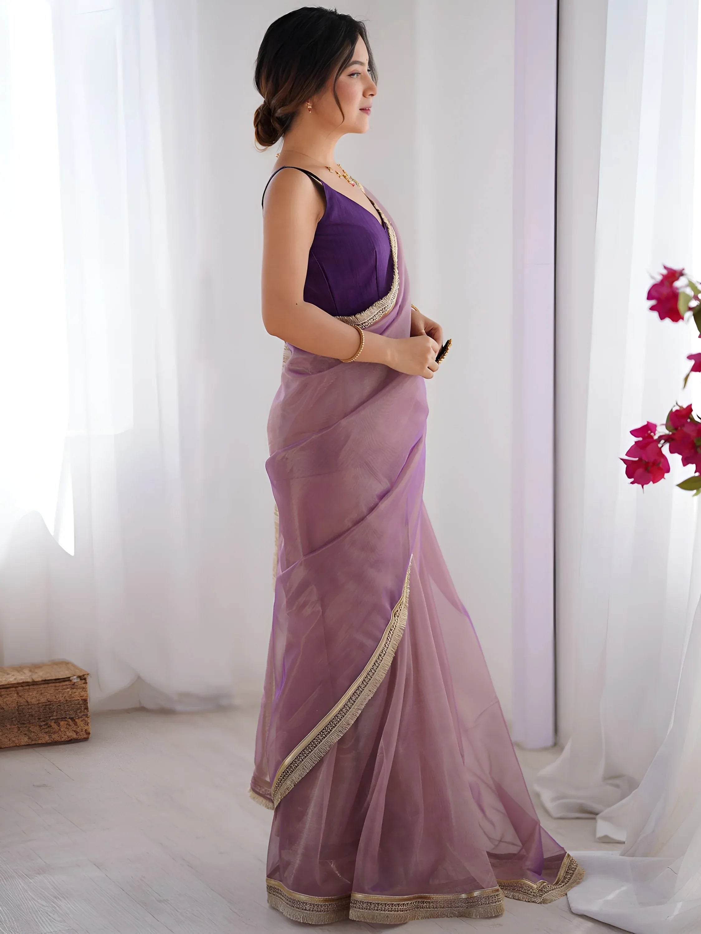 Wonderful Lavender Lace Work Net Reception Wear Saree With Blouse