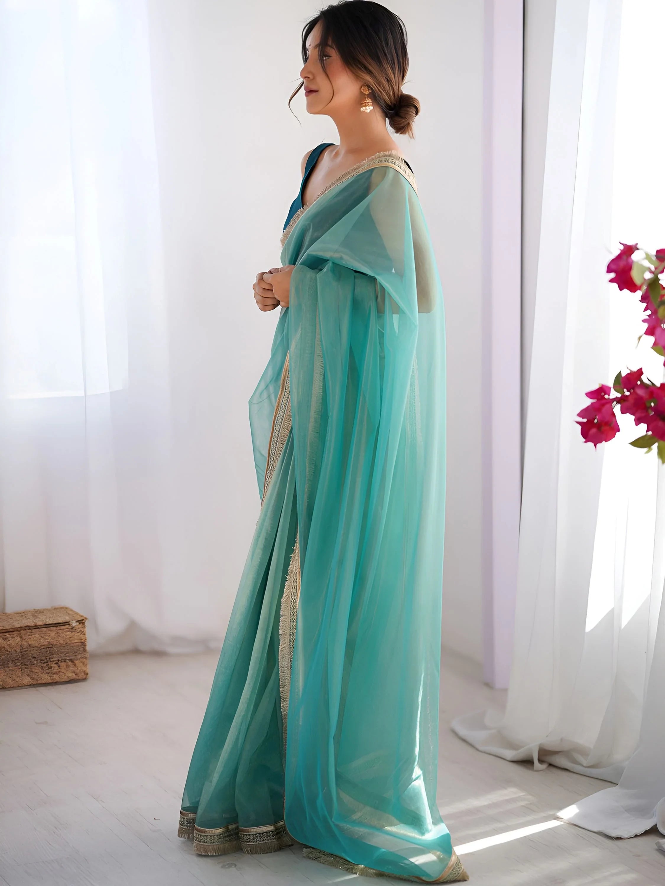 Adorable Sky Blue Lace Work Net Festival Wear Saree With Blouse