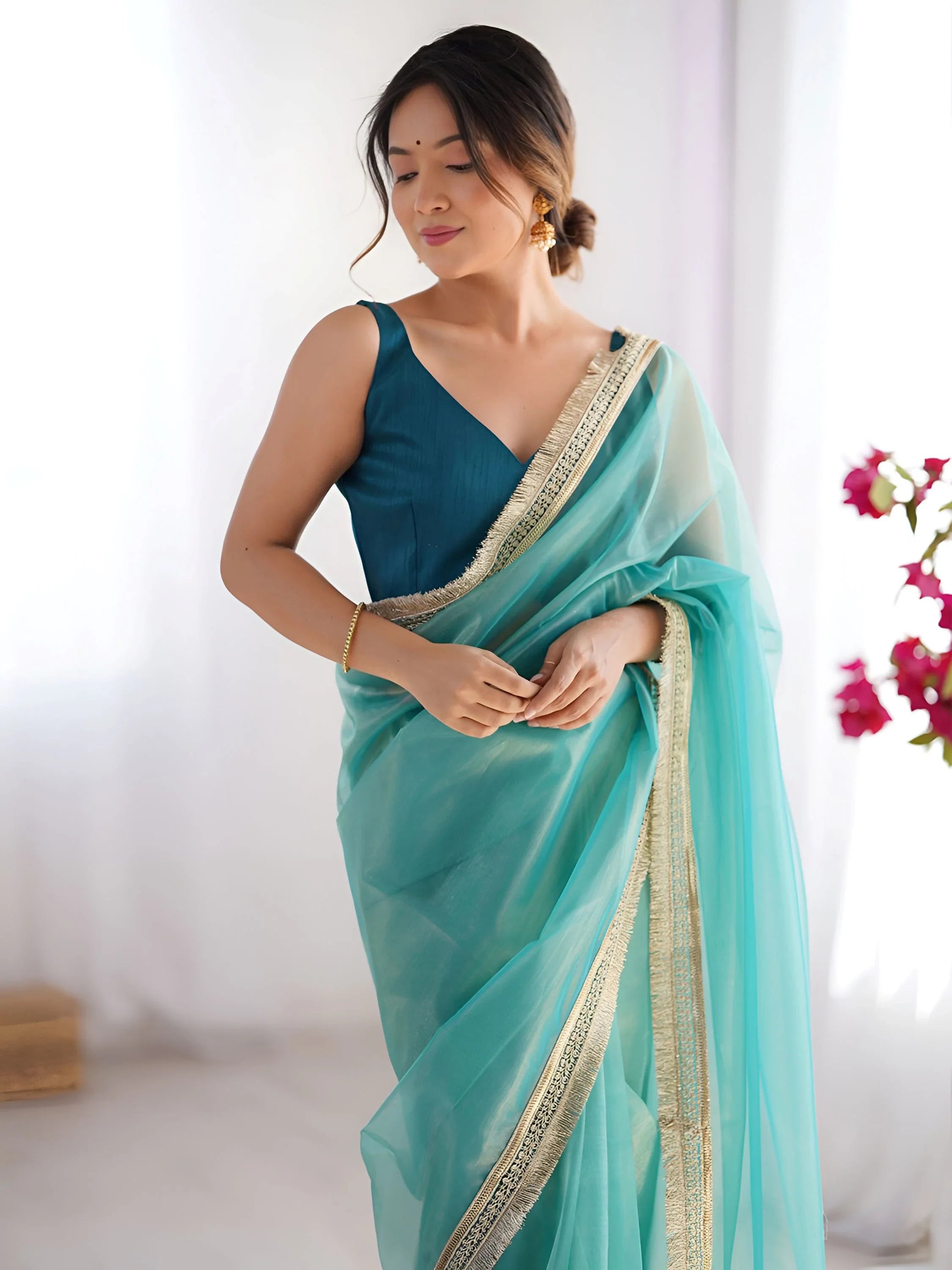 Adorable Sky Blue Lace Work Net Festival Wear Saree With Blouse