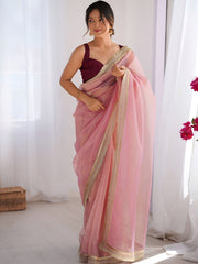 Glamorous Pink Lace Work Net Party Wear Saree With Blouse