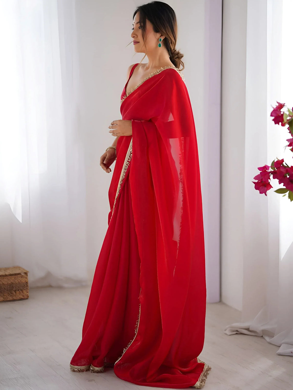 Alluring Red Lace Work Silk Party Wear Saree With Blouse