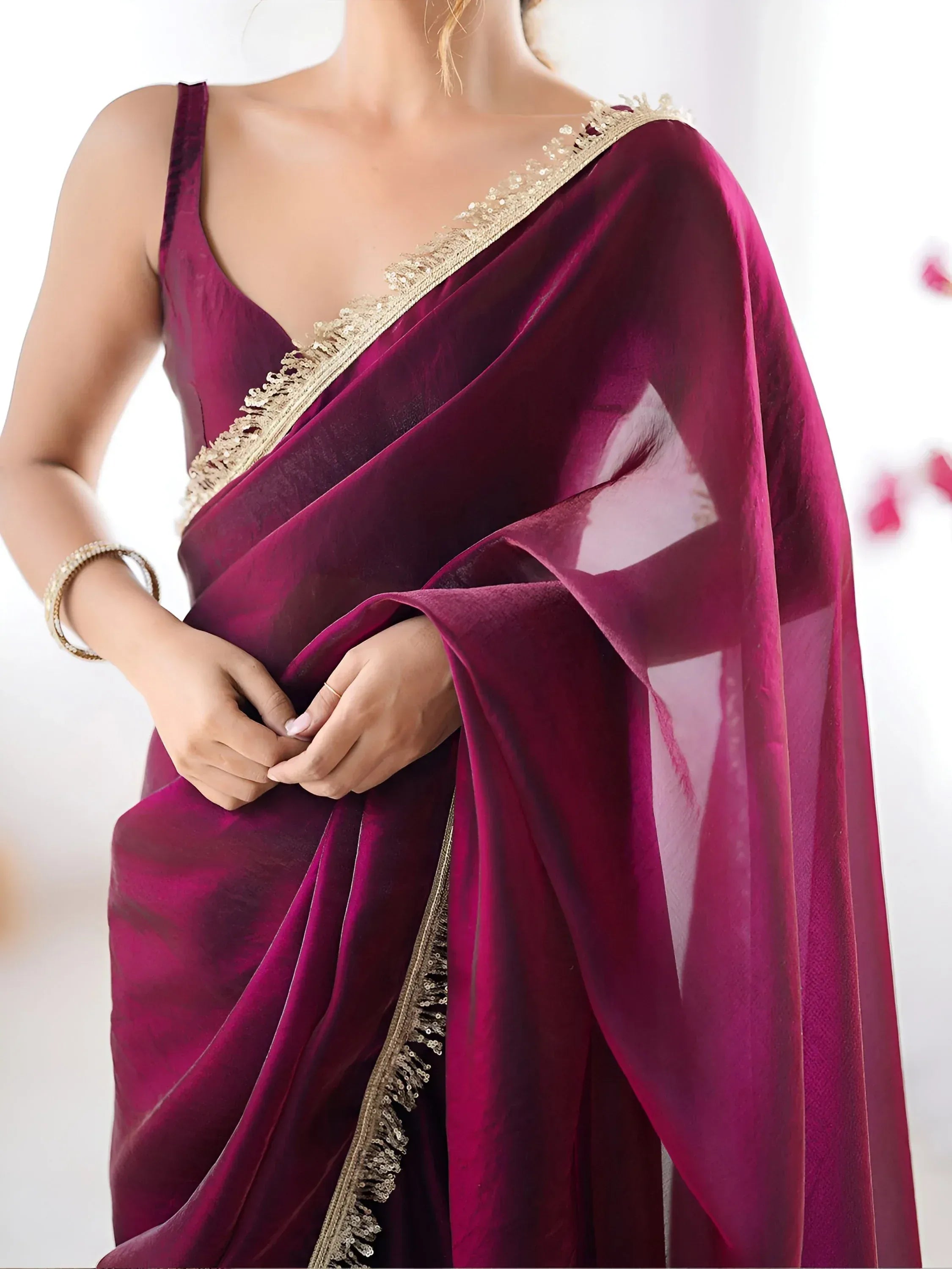 Outstanding Wine Lace Work Silk Reception Wear Saree With Blouse