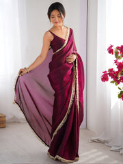 Outstanding Wine Lace Work Silk Reception Wear Saree With Blouse