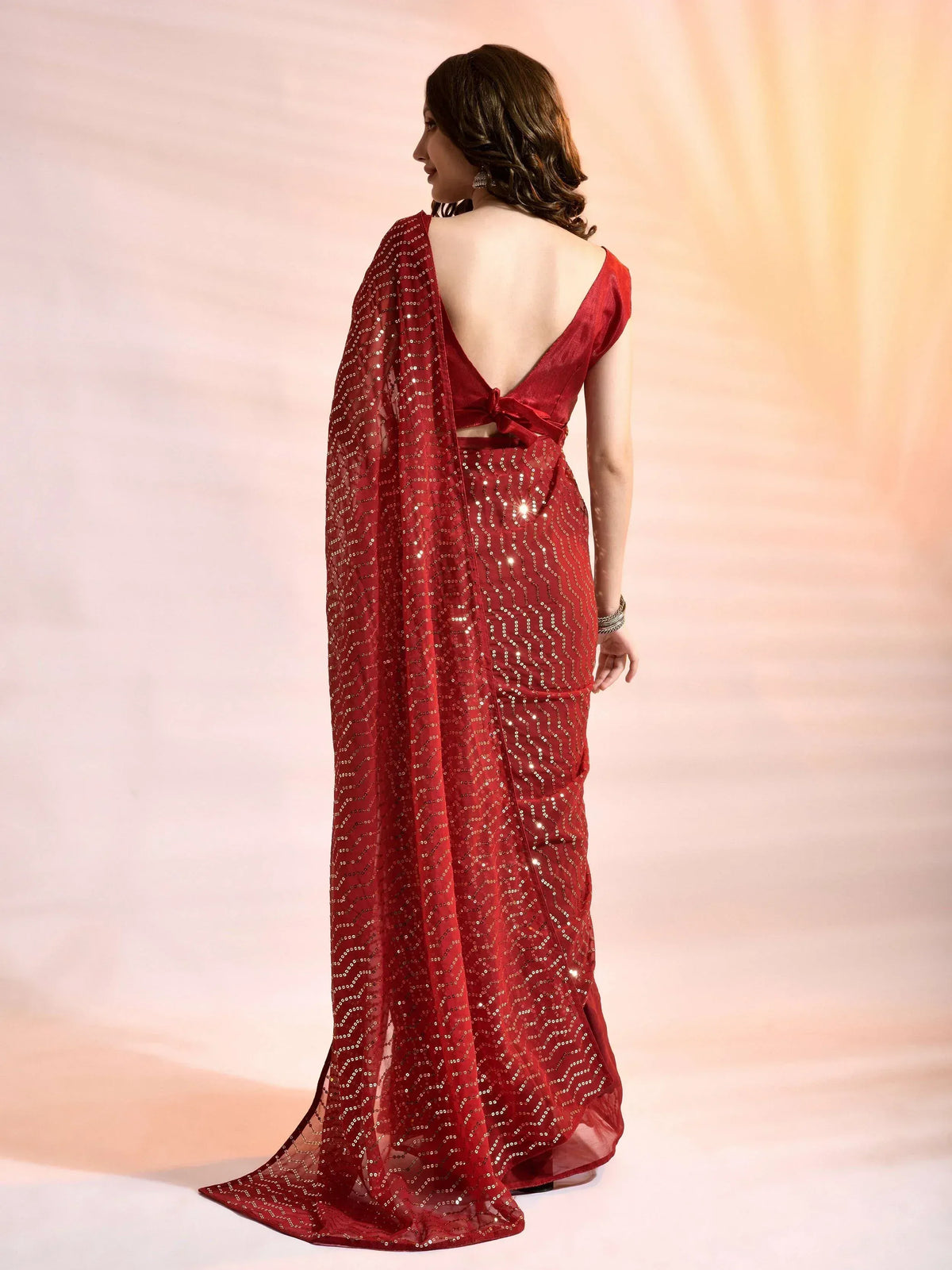 Red sequin saree with backless blouse, Indian ethnic wear for women