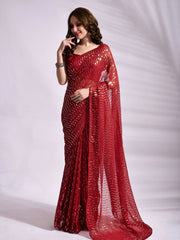 Beautiful Red Georgette Sequins Reception Wear Saree With Blouse