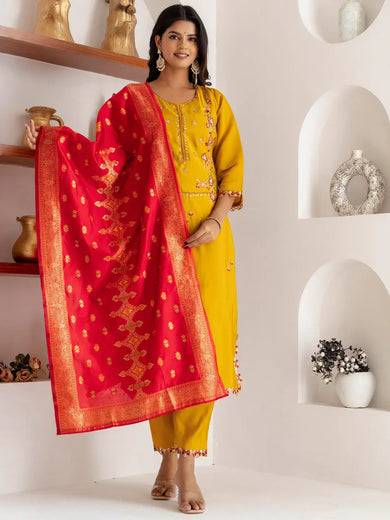 Impressive Yellow Thread Work Viscose Silk Haldi Wear Pant Suit