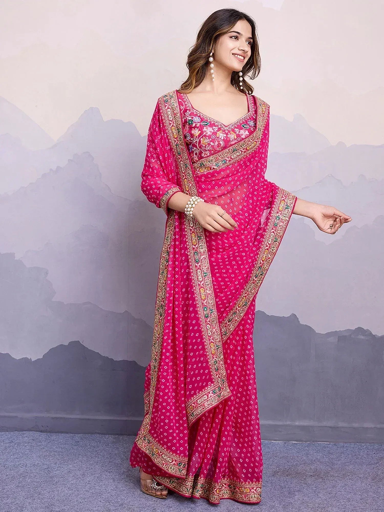 Pink embroidered saree with floral border, Indian ethnic wear for women