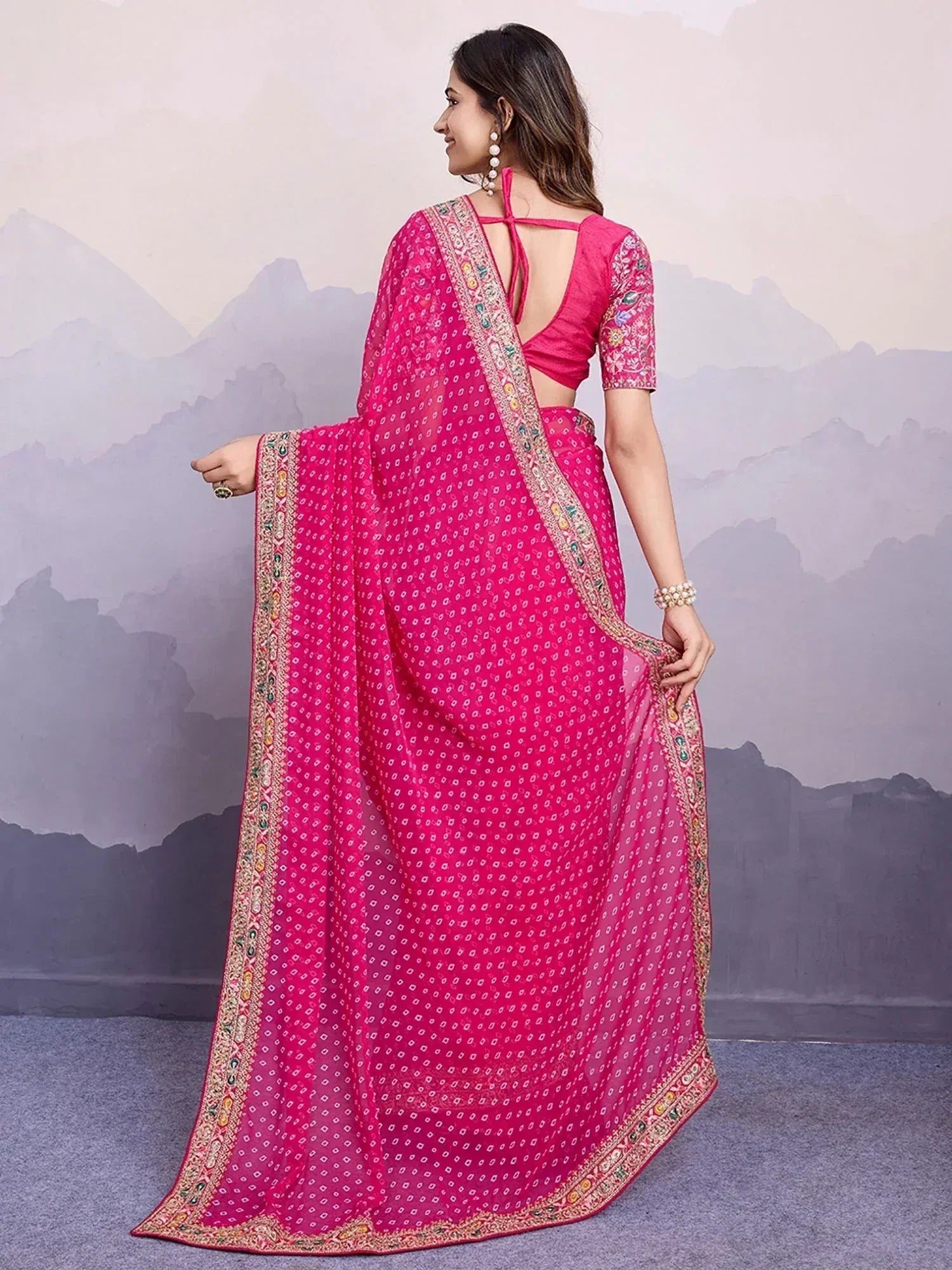 Pink printed saree with embroidered border and backless blouse, Indian ethnic wear