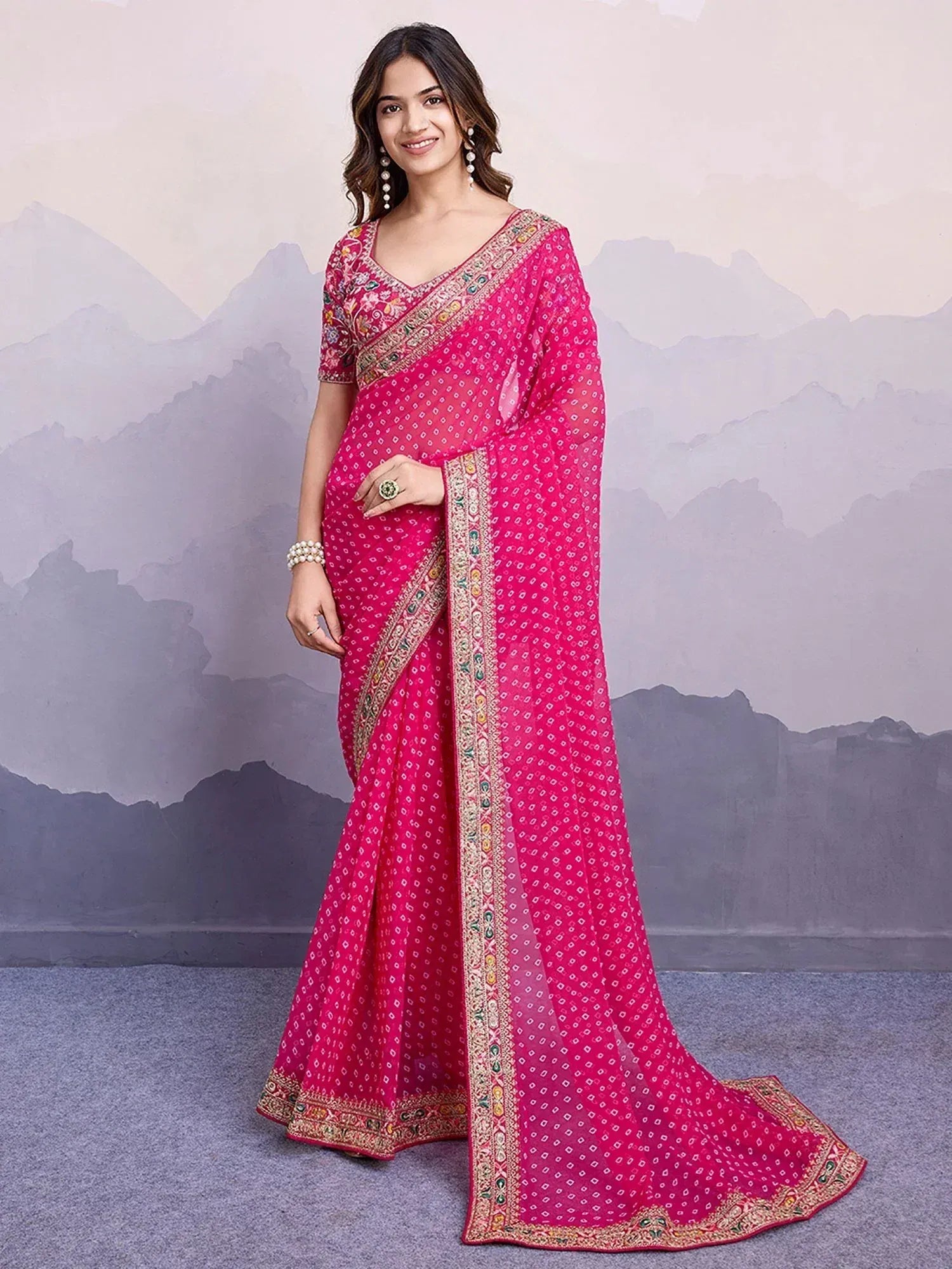 Pink printed saree with embroidered border and blouse, Indian ethnic wear for women