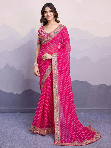 Pretty Pink Georgette Bandhani Printed Saree With Blouse