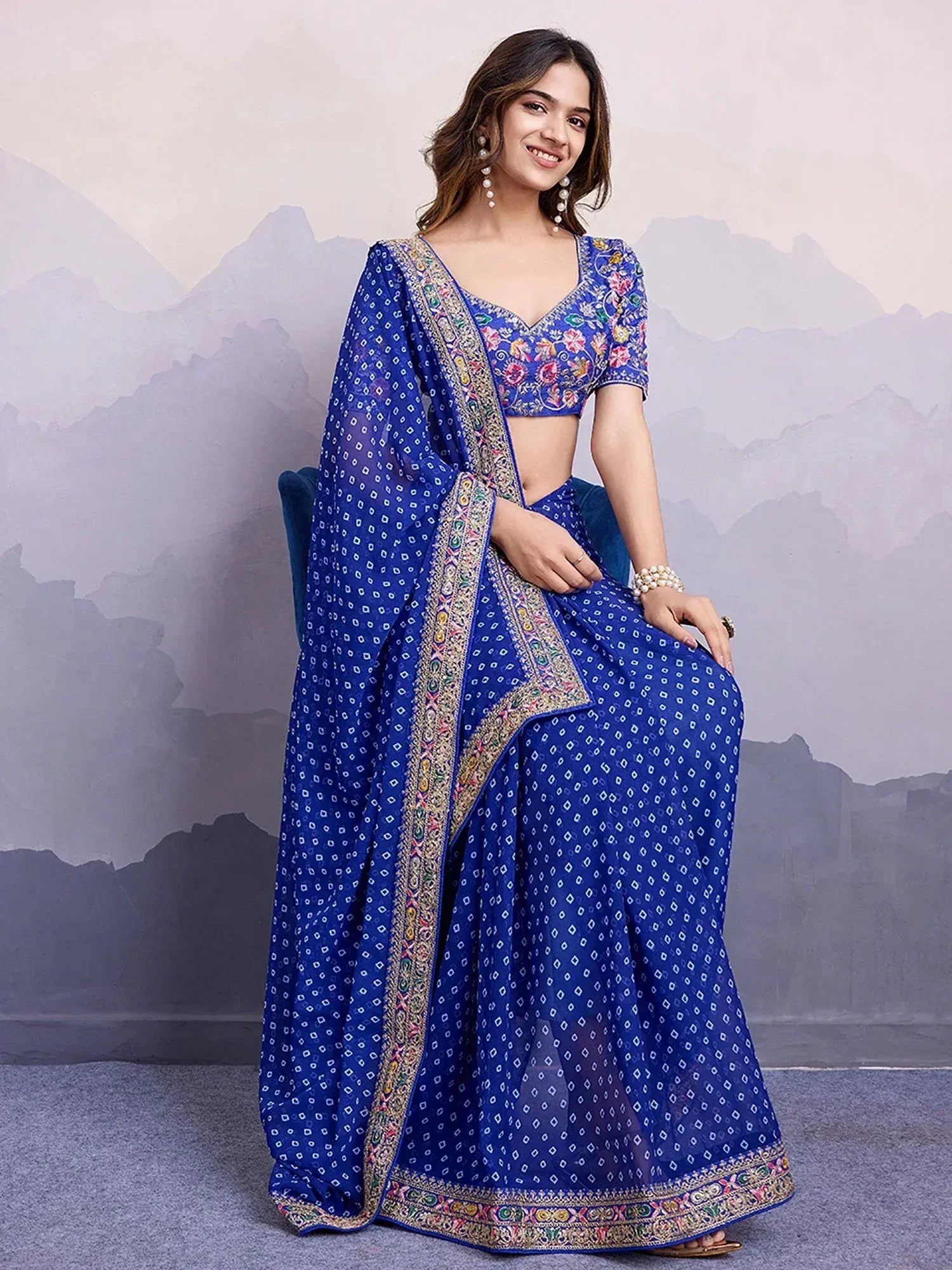 Artistic Royal Blue Bandhani Print Georgette Saree With Blouse