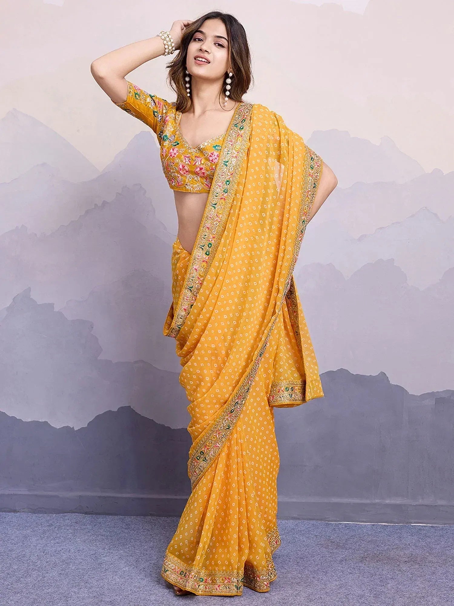 Yellow floral embroidered saree with matching blouse, Indian ethnic wear for women