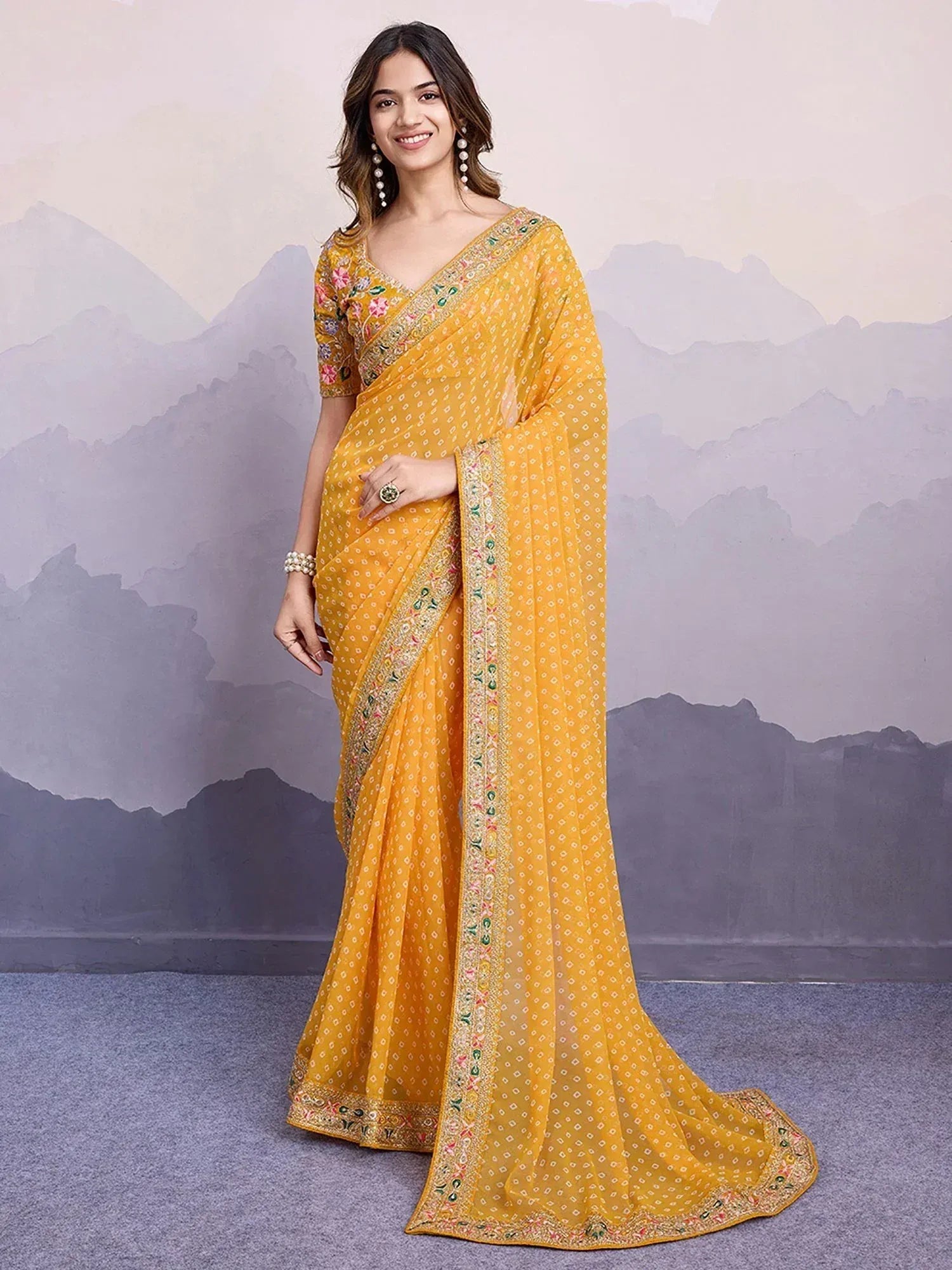 Yellow floral embroidered saree with designer blouse, ethnic Indian wear for women