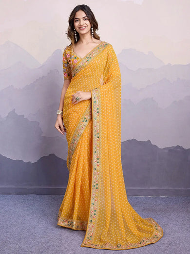 Chic Yellow Bandhani Printed Haldi Wear Saree With Blouse