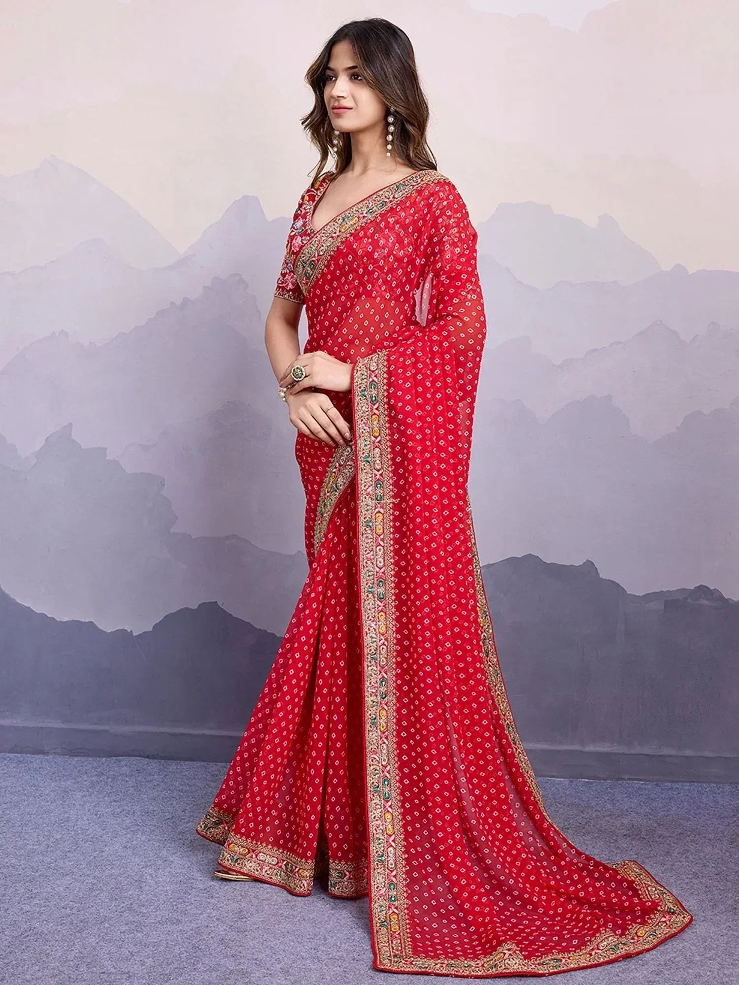 Red embroidered saree with gold border, Indian ethnic wear for women