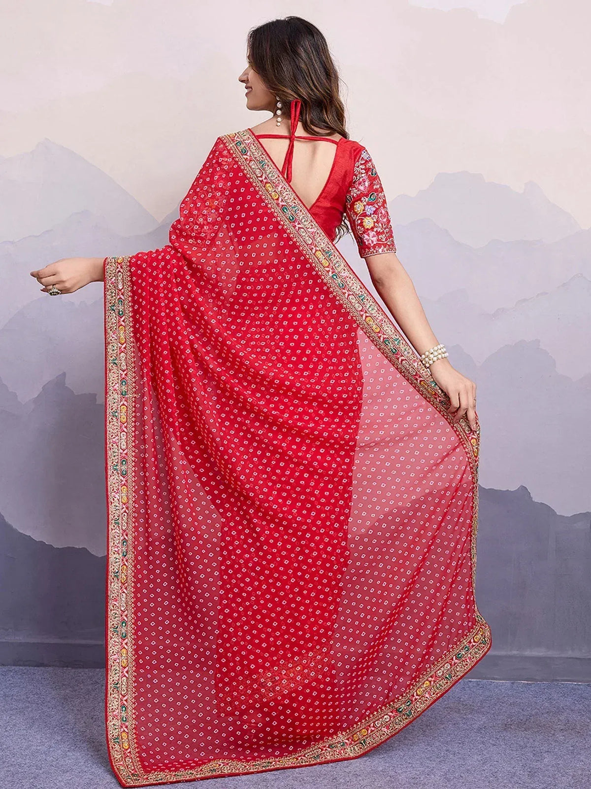 Red printed saree with embroidered border and backless blouse, Indian ethnic wear