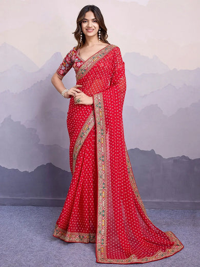 Delicate Red Embroidered Wedding Wear Saree With Blouse