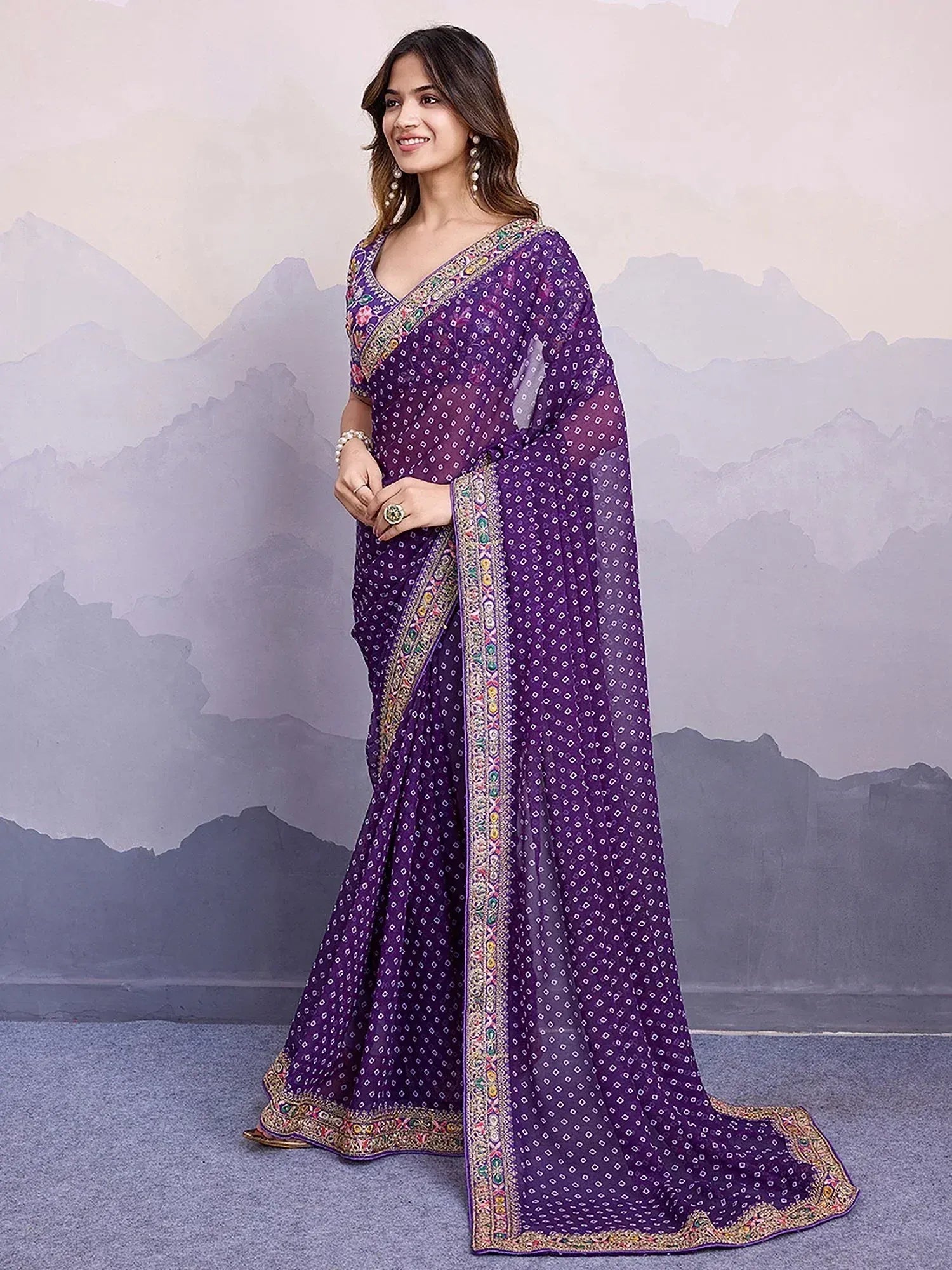 Purple printed saree with embroidered border, ethnic Indian wear for women