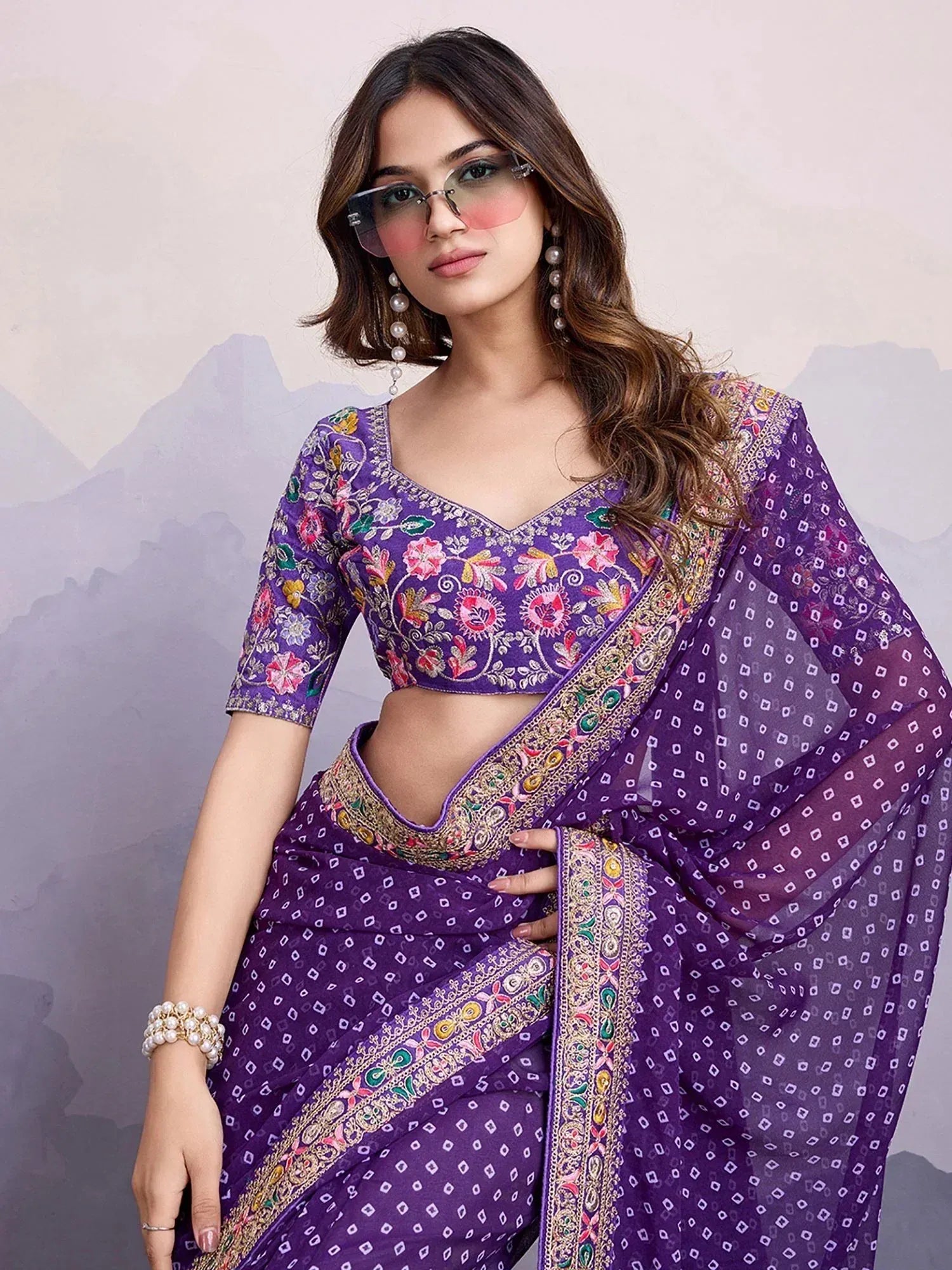 Purple embroidered saree with floral blouse, ethnic Indian wear for women