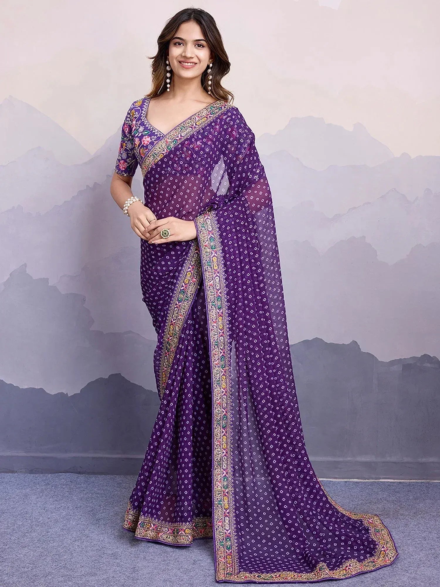 Purple printed saree with embroidered border, perfect for Indian ethnic wear occasions