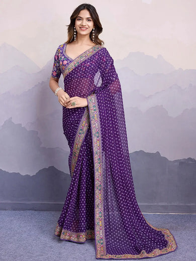 Attractive Purple Georgette Reception Wear Saree With Blouse