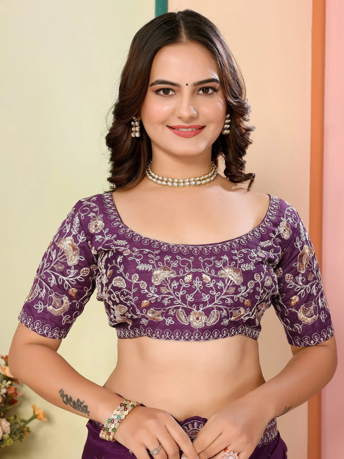 Purple embroidered blouse with gold floral design, perfect for Indian ethnic wear and saree styling