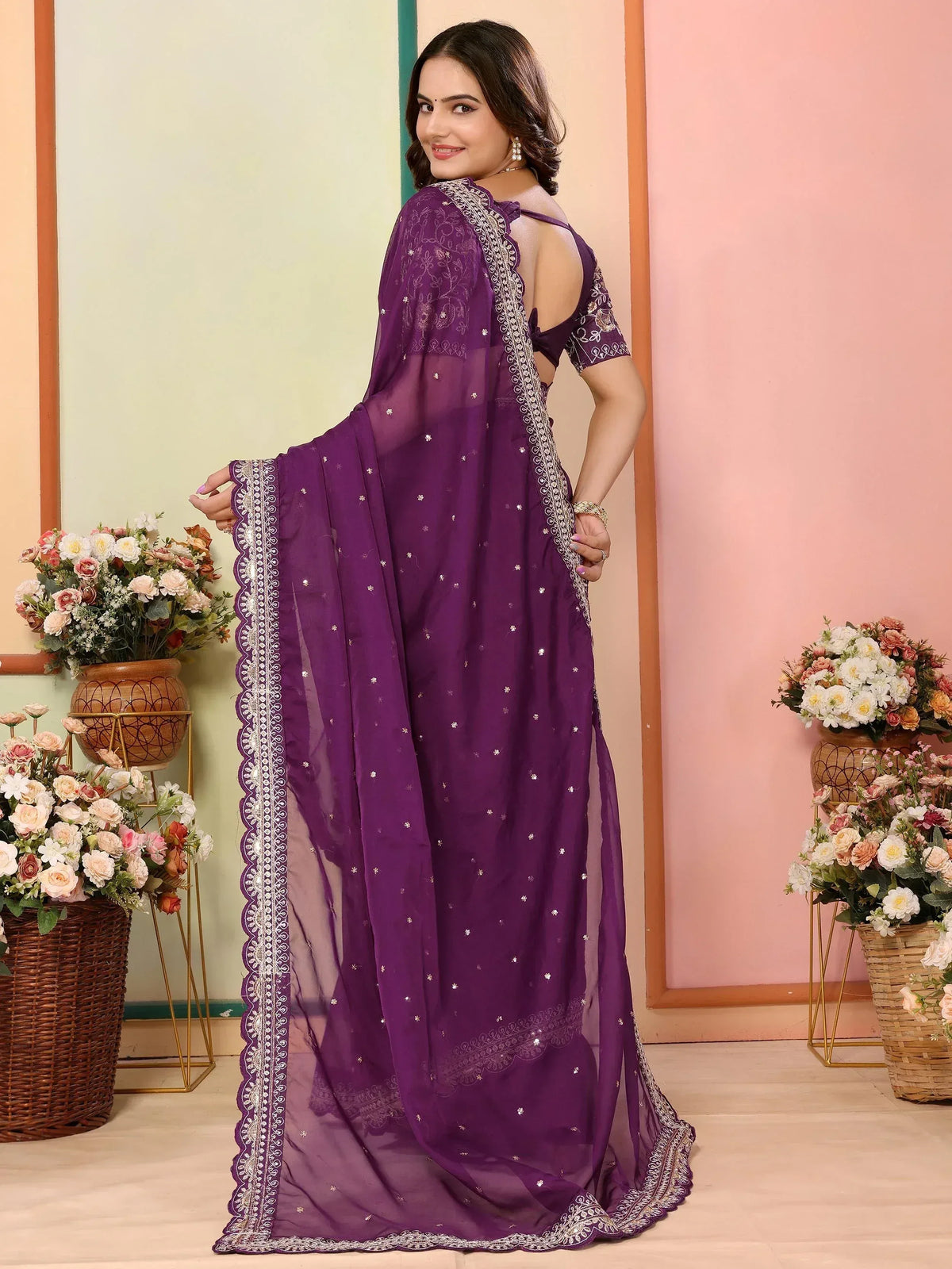 Purple embroidered saree with scalloped border, perfect for Indian ethnic wear occasions