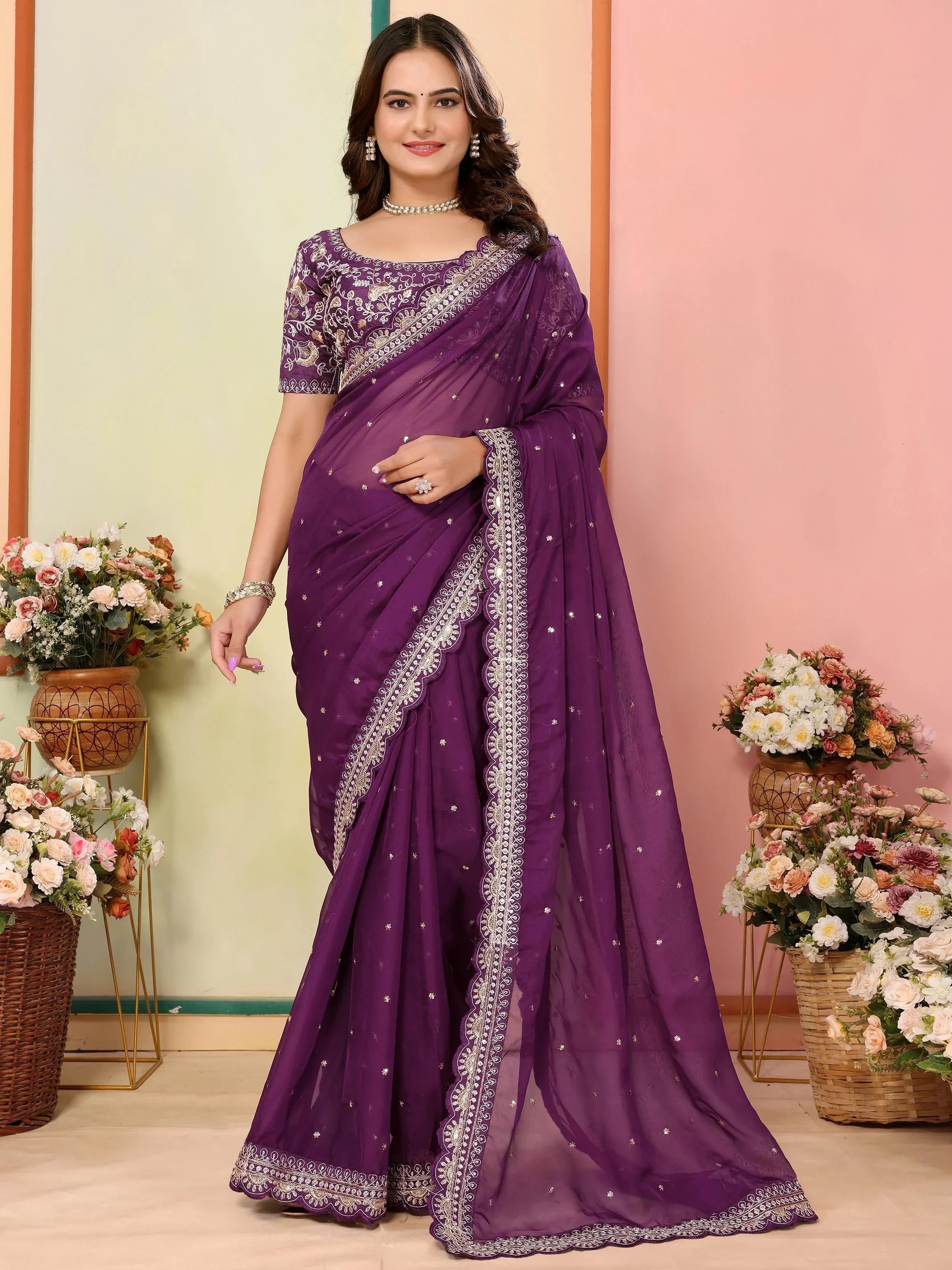 Glamorous Wine Organza Zari Embroidered Saree With Blouse