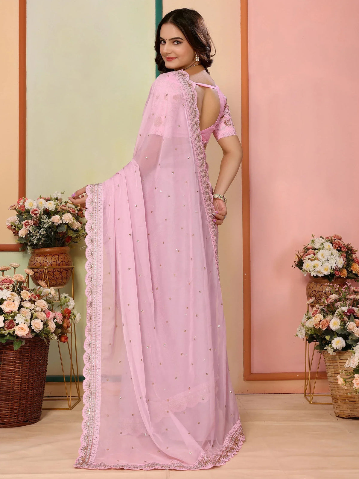 Pink embroidered saree with scalloped border, designer ethnic wear for women