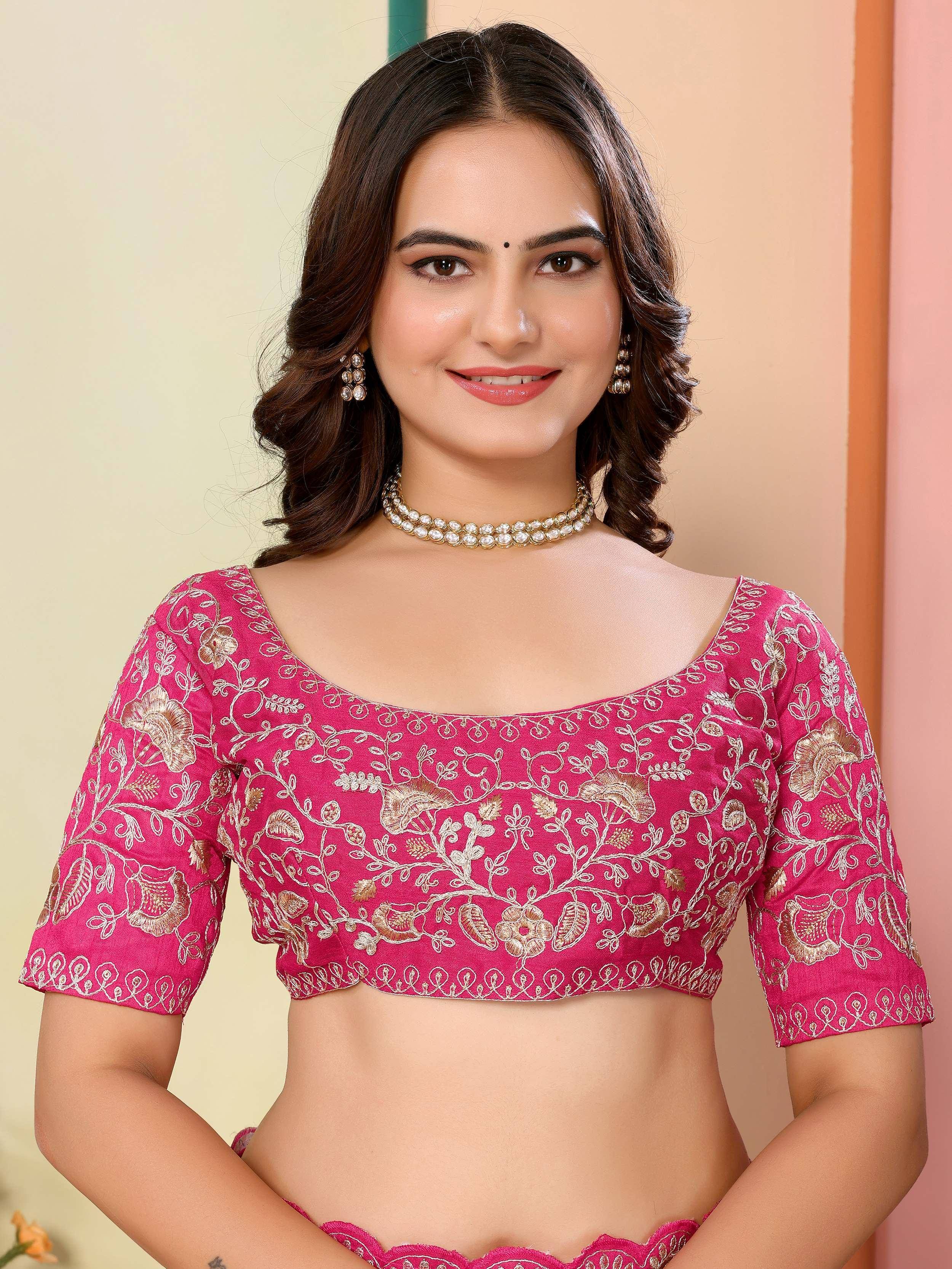 Pink embroidered designer blouse with gold floral work, perfect for ethnic wear and festive occasions