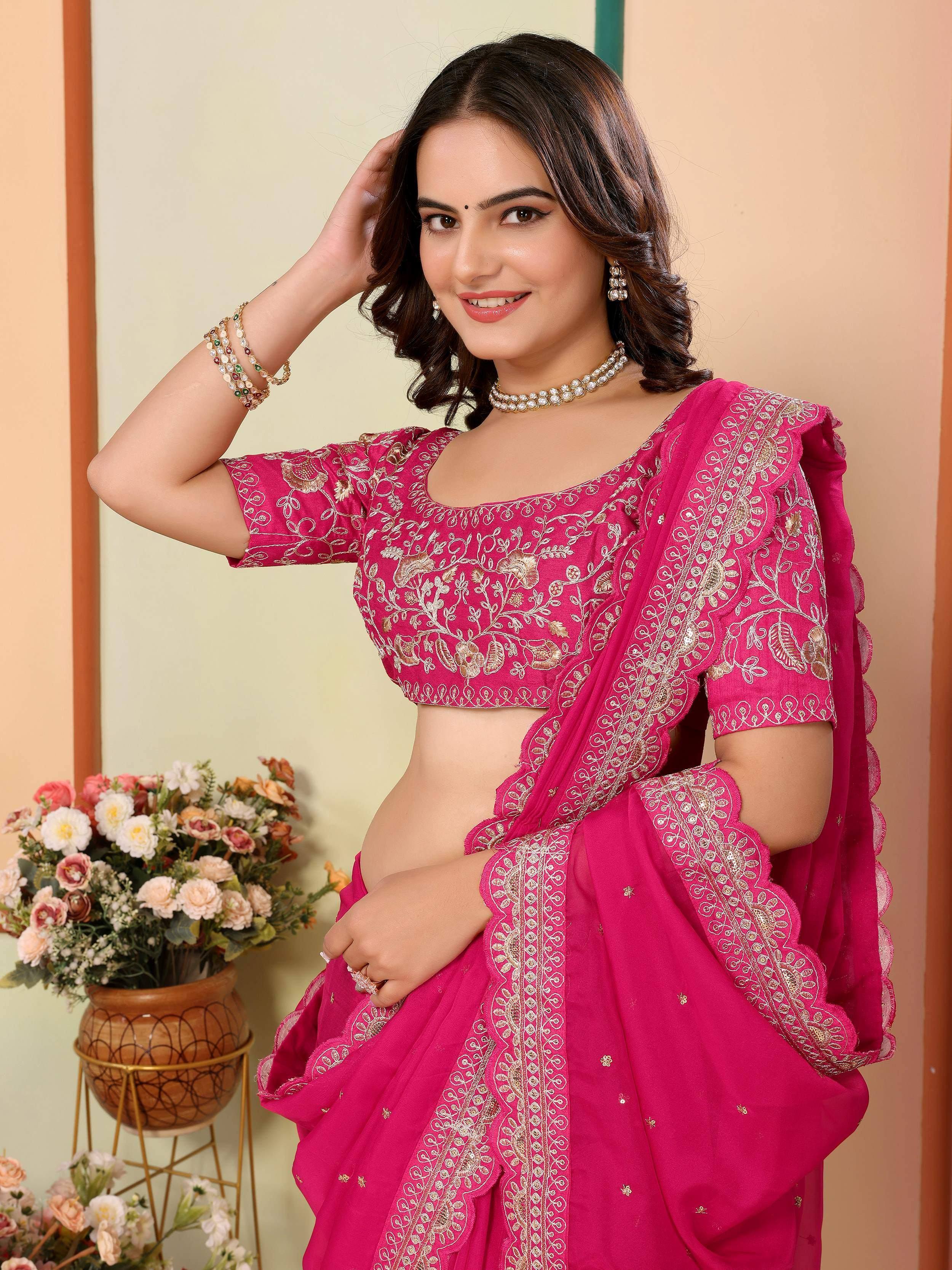 Pink embroidered lehenga choli with gold floral work, perfect for Indian ethnic wear occasions