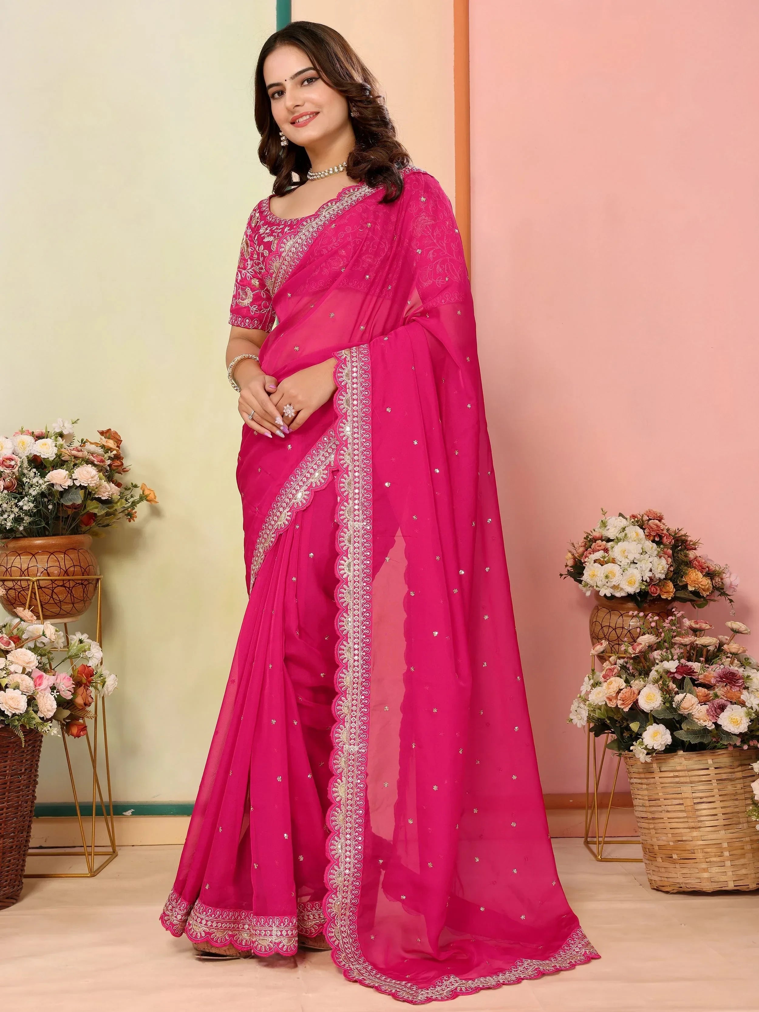 Majestic Hot Pink Organza Sequins Wedding Wear Saree With Blouse