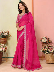 Majestic Hot Pink Organza Sequins Wedding Wear Saree With Blouse