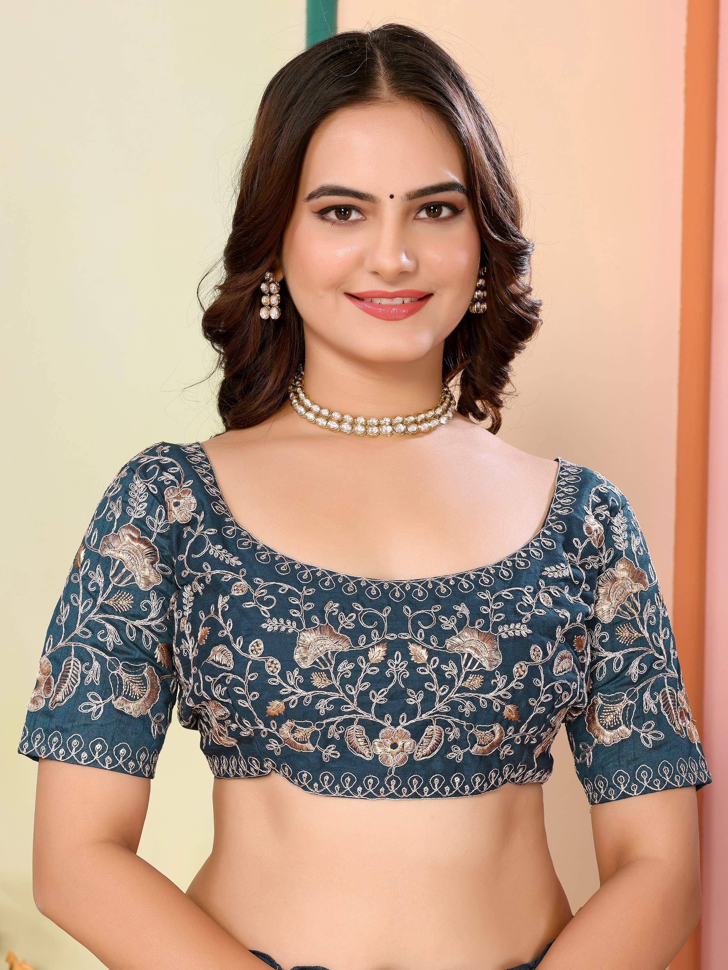 Blue embroidered designer blouse with gold floral work, perfect for lehenga choli or saree
