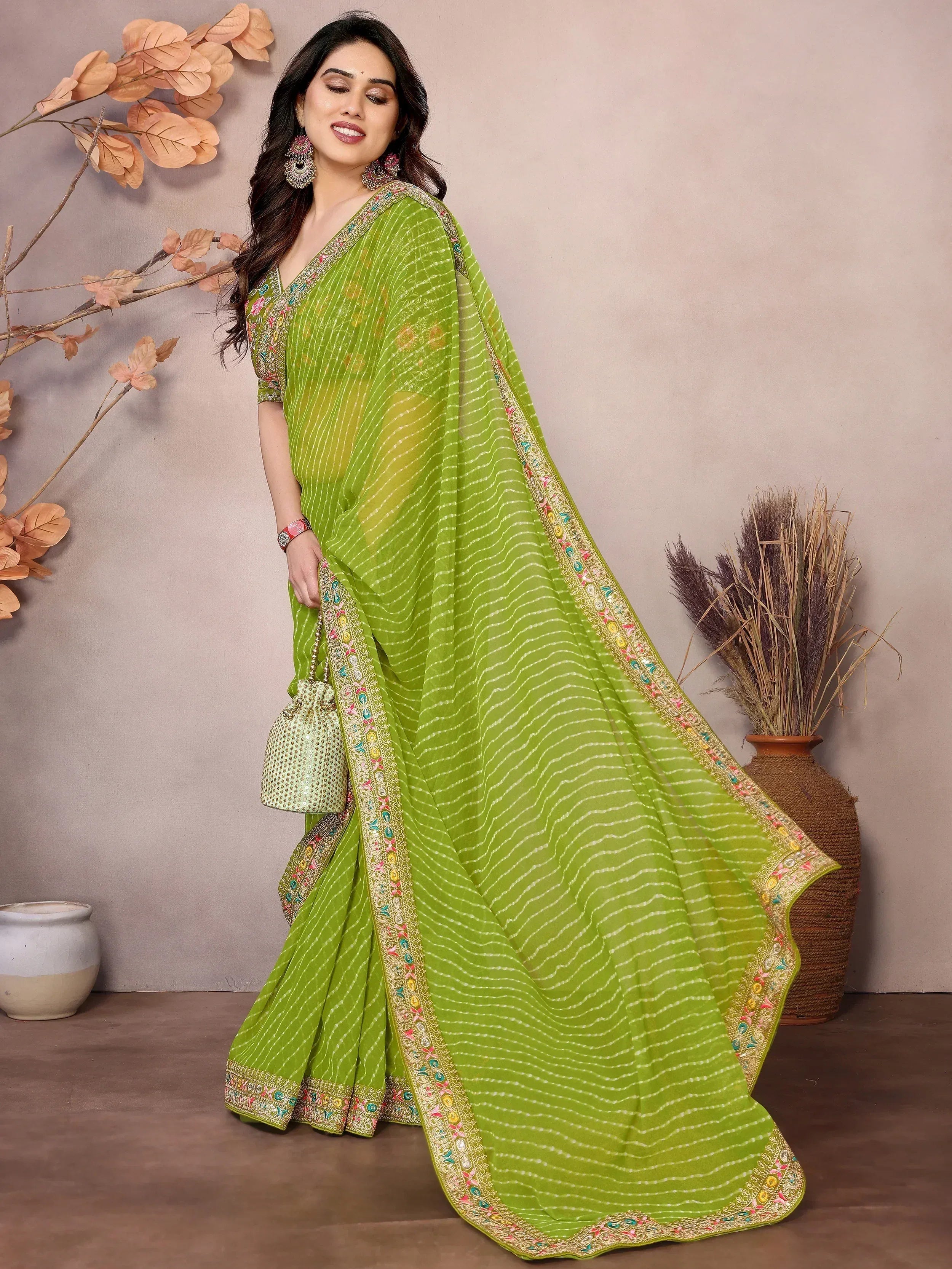 Green embroidered saree with gold border, Indian ethnic wear for women