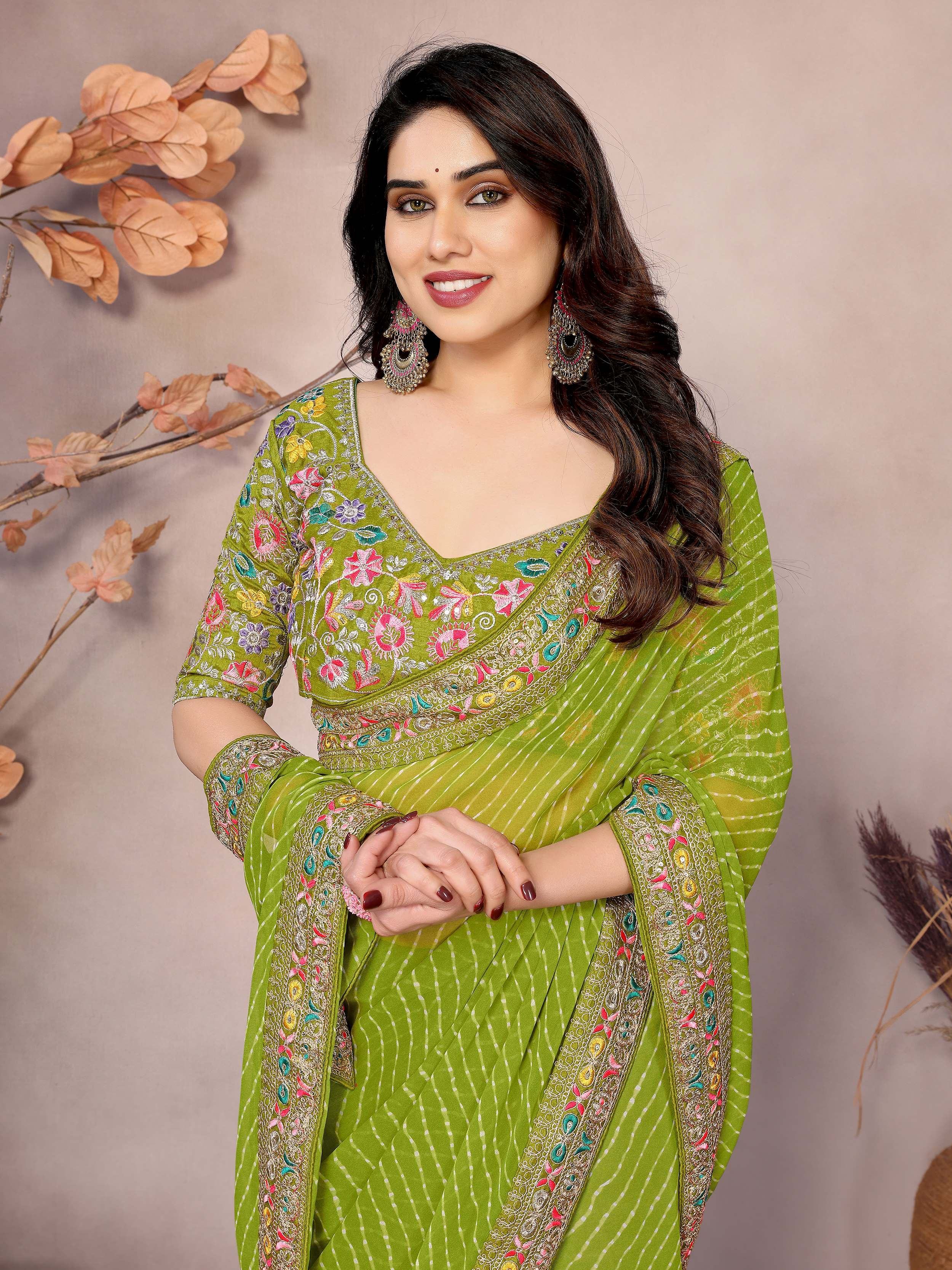 Attractive Parrot Green Georgette Thread Embroidered Saree