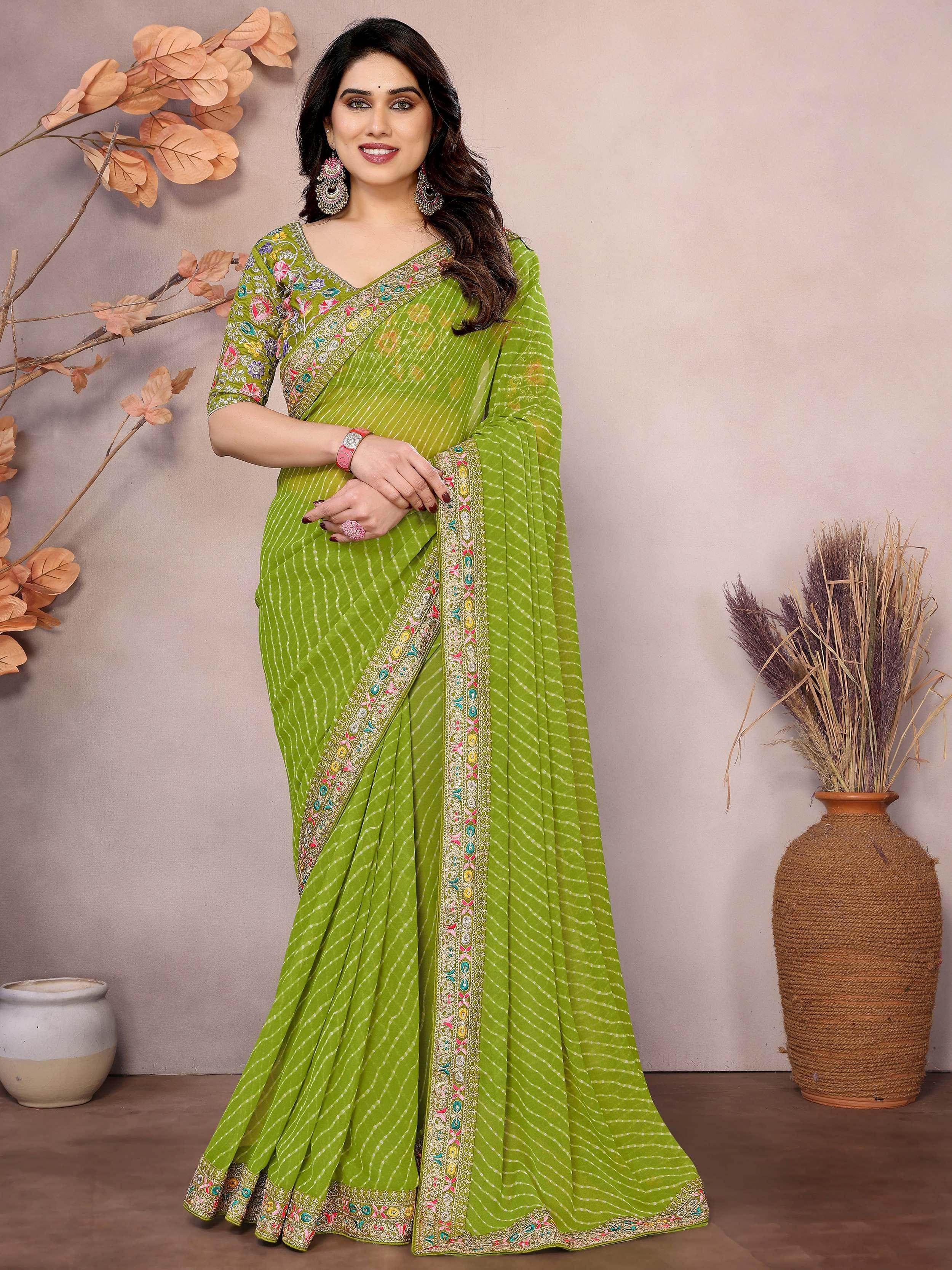 Attractive Parrot Green Georgette Thread Embroidered Saree