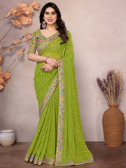 Attractive Parrot Green Georgette Thread Embroidered Saree