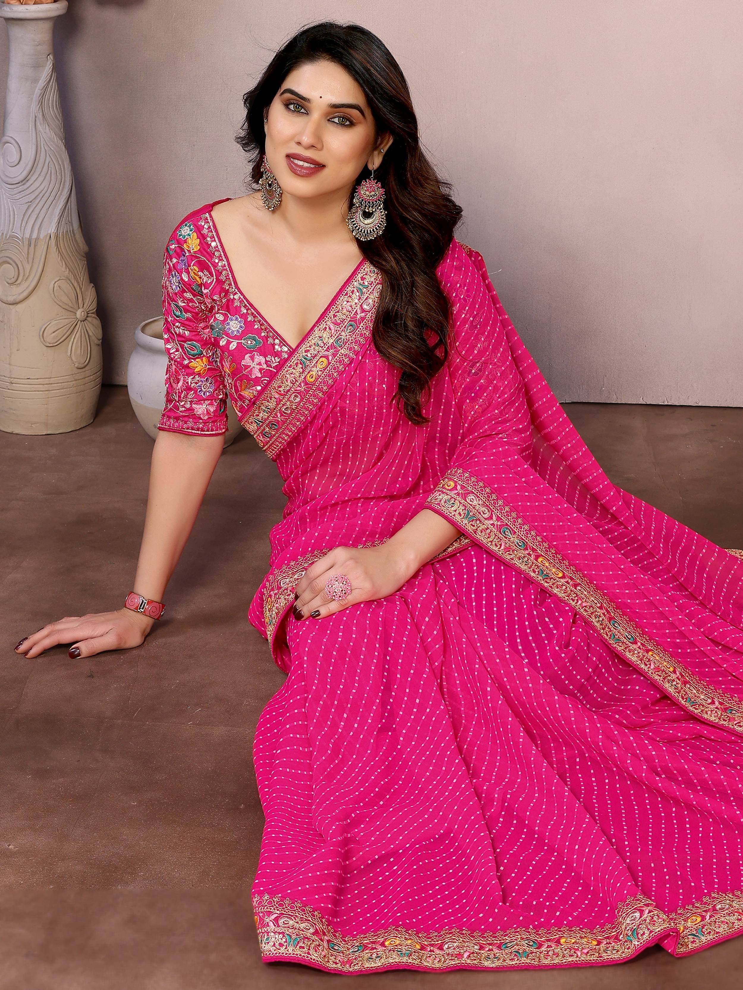 Pink embroidered saree with floral blouse, perfect for Indian ethnic wear occasions