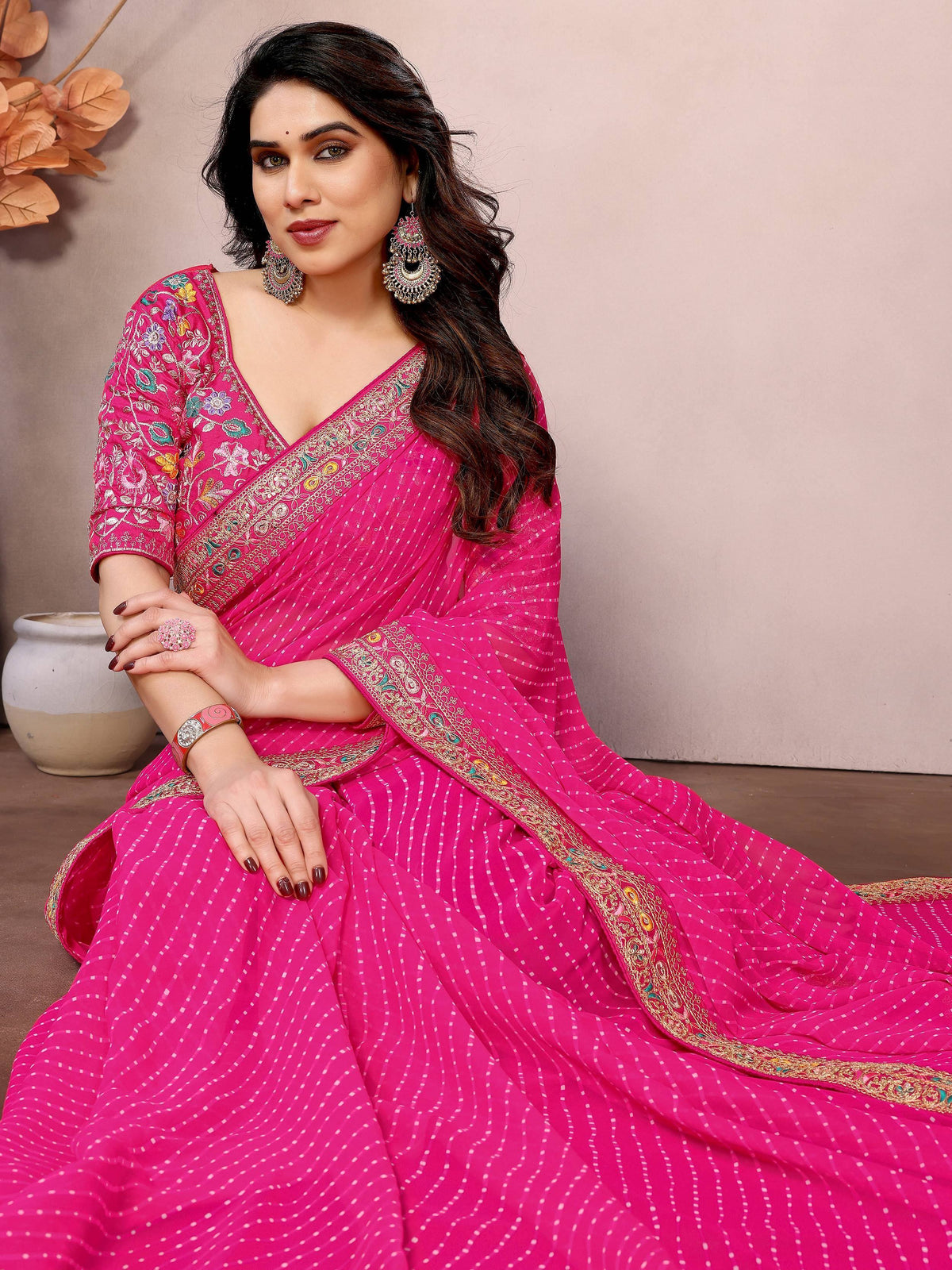 Pink embroidered saree with floral blouse, ethnic Indian wear for women