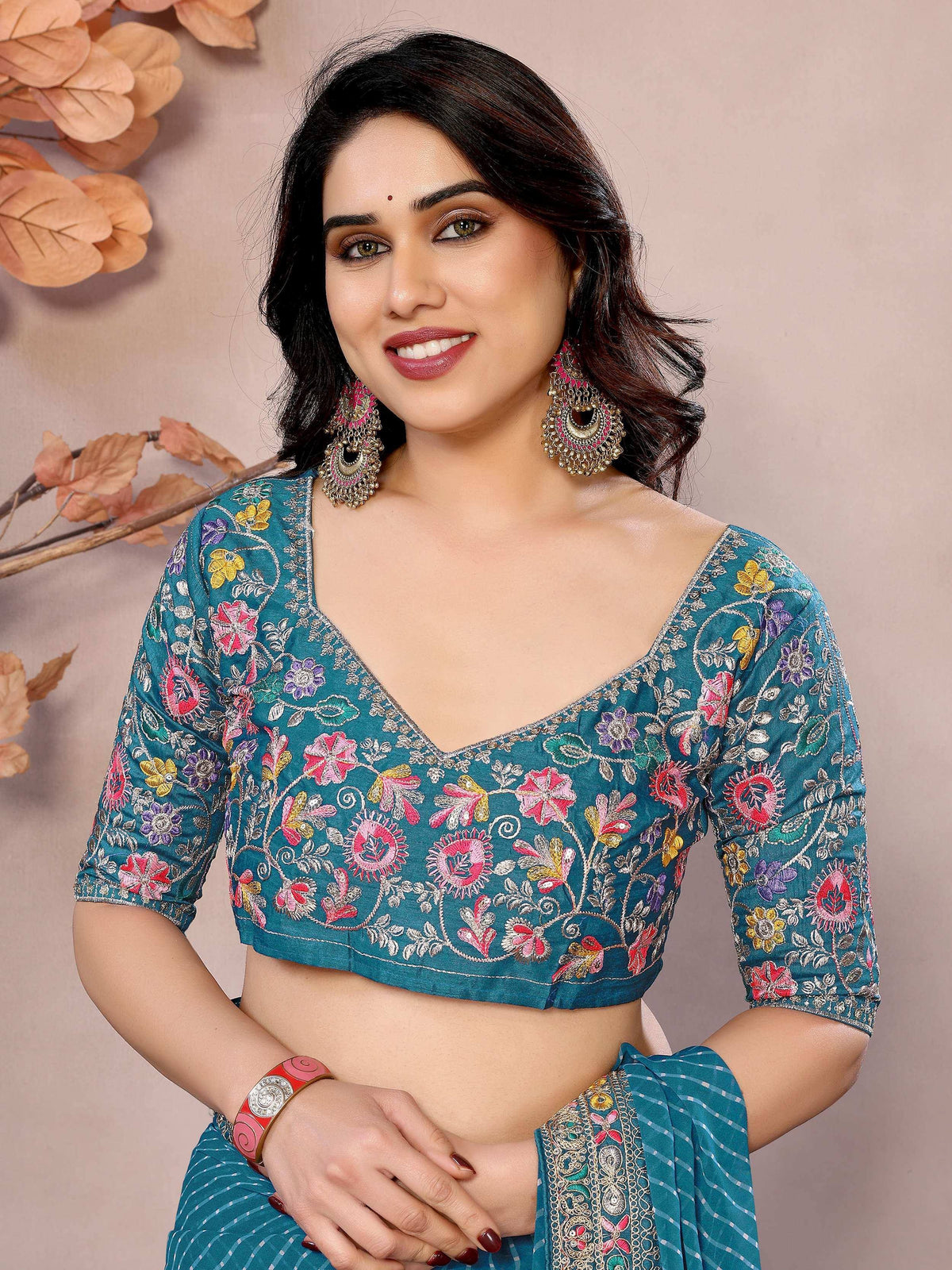 Teal floral embroidered blouse with matching saree, ethnic Indian wear for women