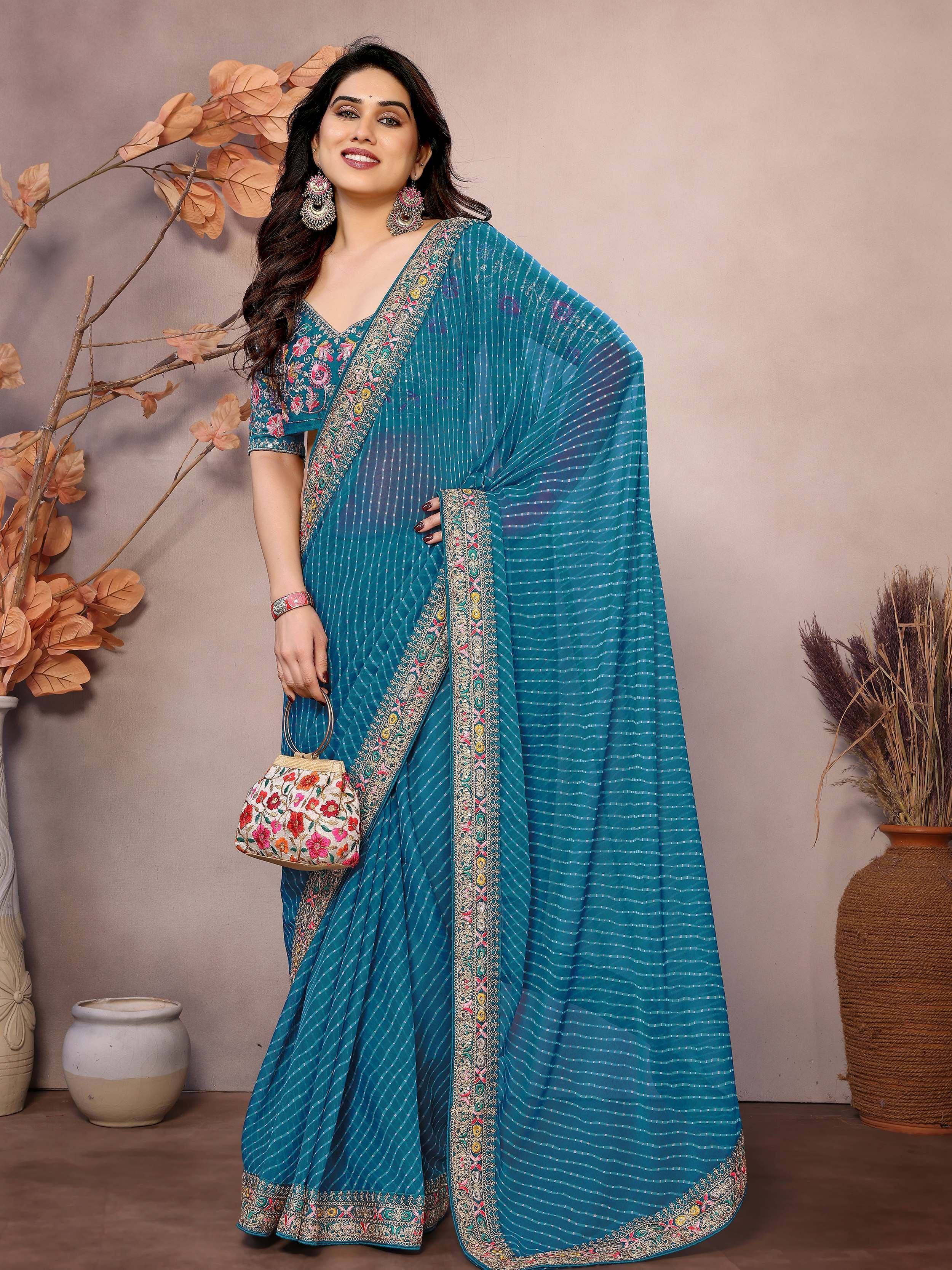 Teal embroidered saree with floral blouse and matching potli bag, Indian ethnic wear