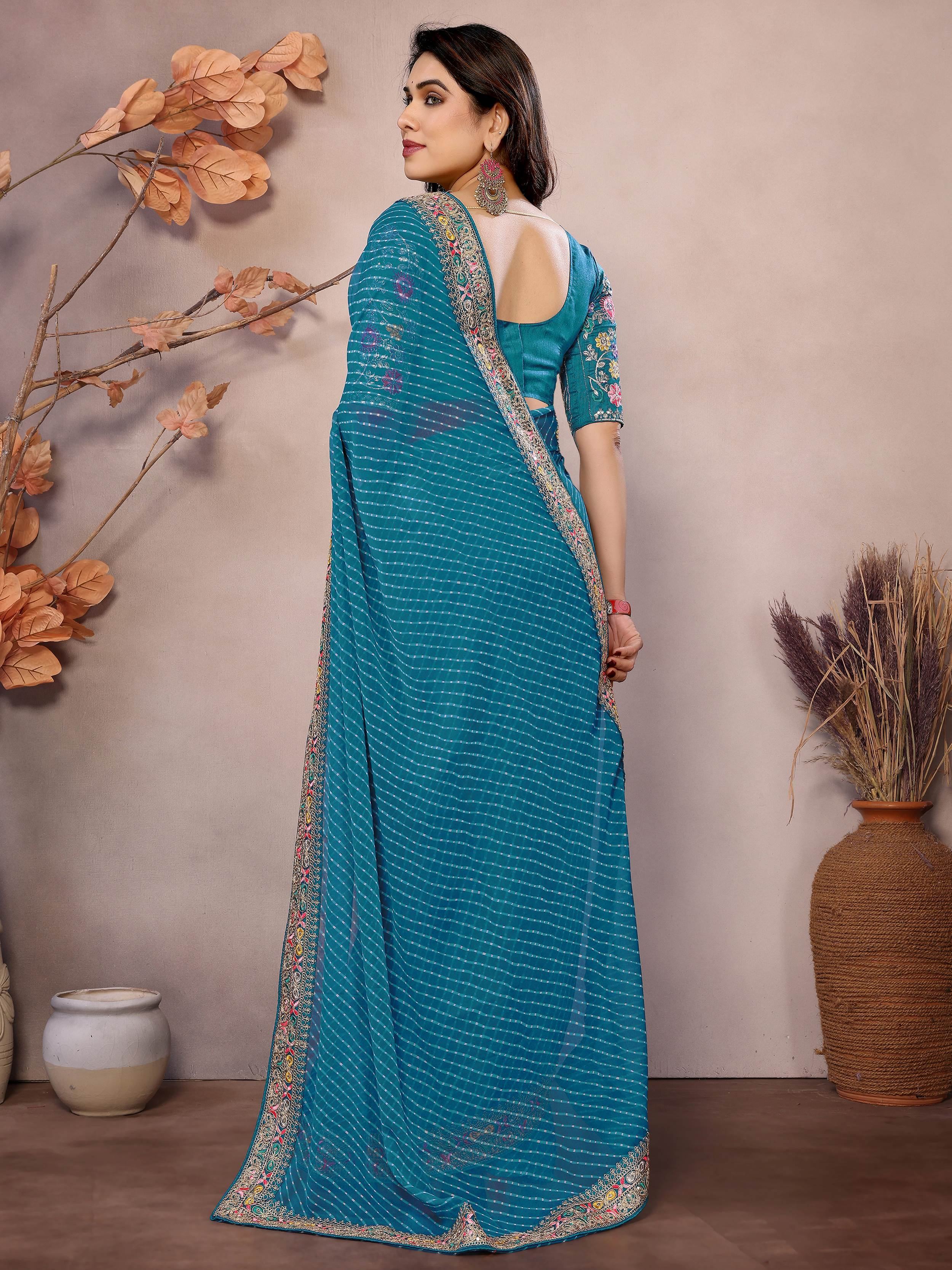 Gorgeous Teal Blue Traditional Leheriya Printed Saree With Blouse