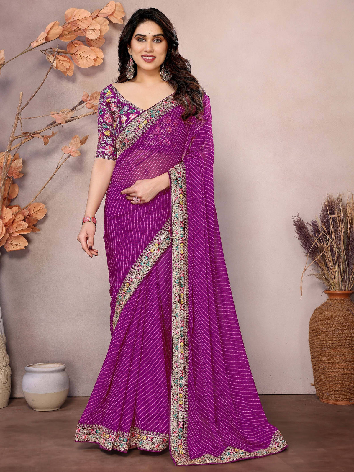 Purple embroidered saree with floral blouse, ethnic Indian wear for women