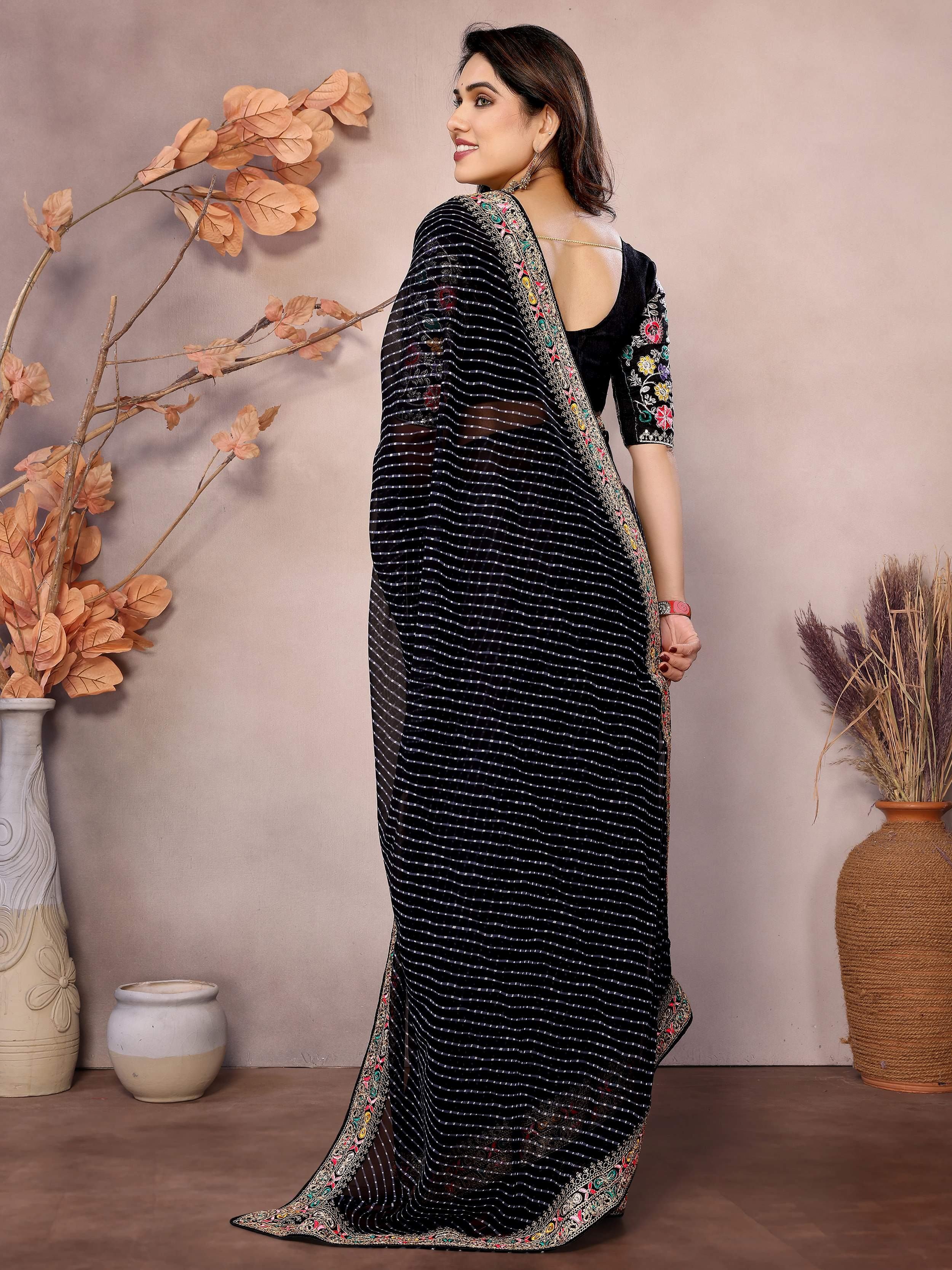 Stylish Black Leheriya Print Party Wear Saree With Blouse
