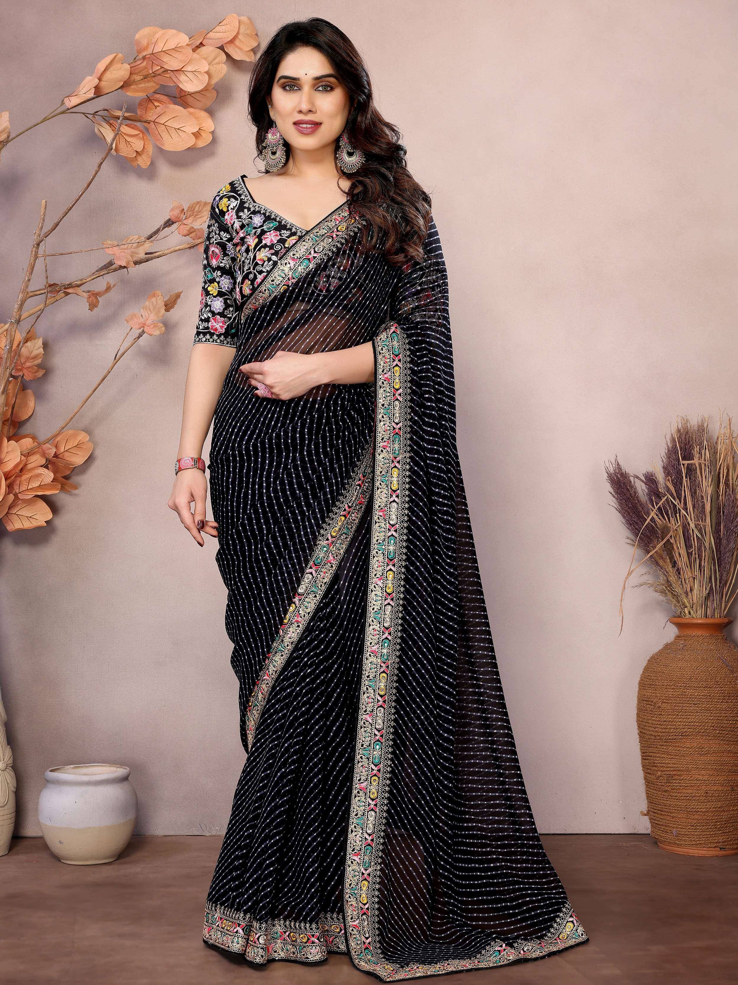 Black embroidered saree with floral blouse, perfect for Indian ethnic wear occasions.
